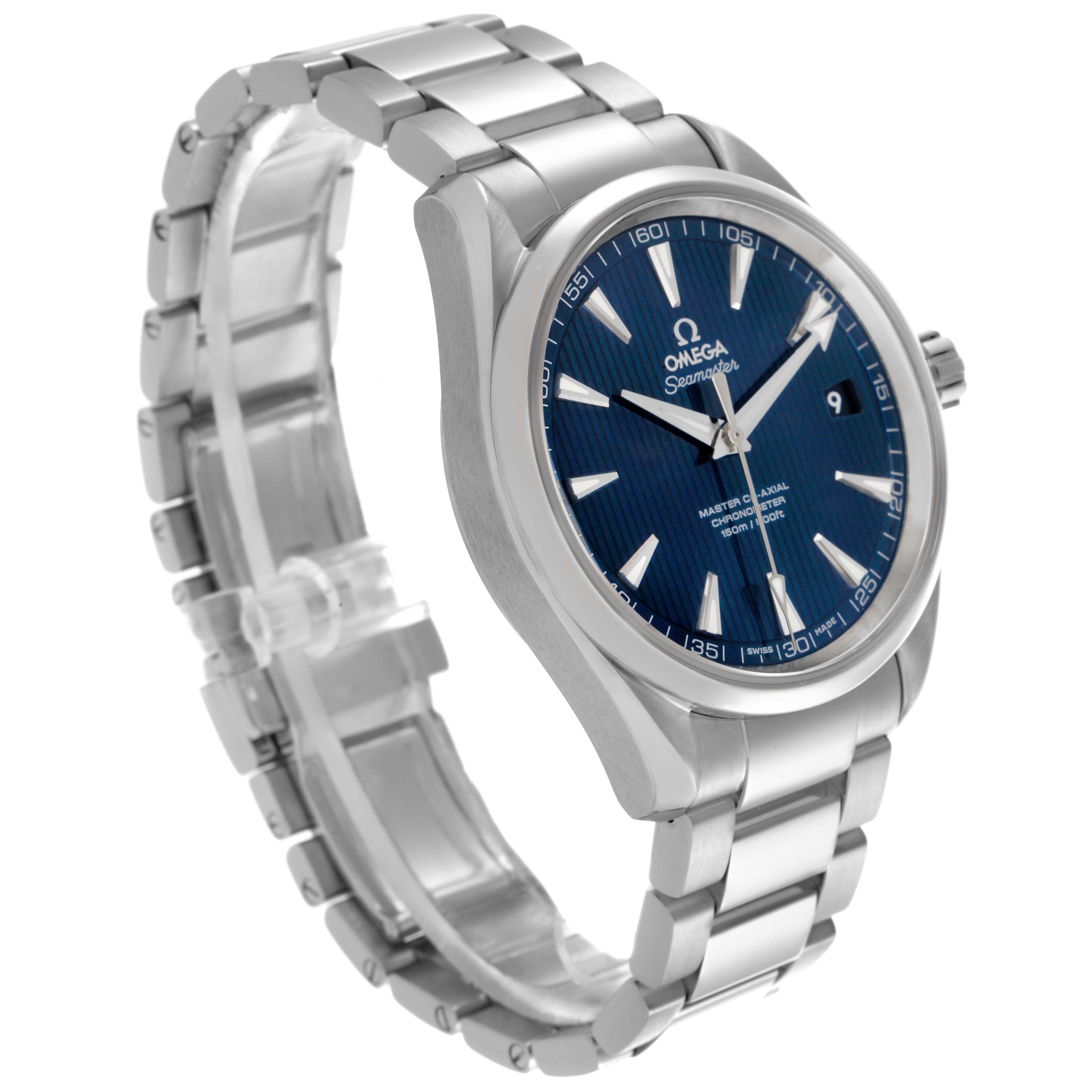 The Omega Aqua Terra 231.10.39.21.03.002 Men's Stainless Steel Blue Dial 231.10.39.21.03.002 Men's Stainless Steel Blue Dial watch is shown at a three-quarter angle, highlighting its blue dial, stainless steel bracelet, and date window.