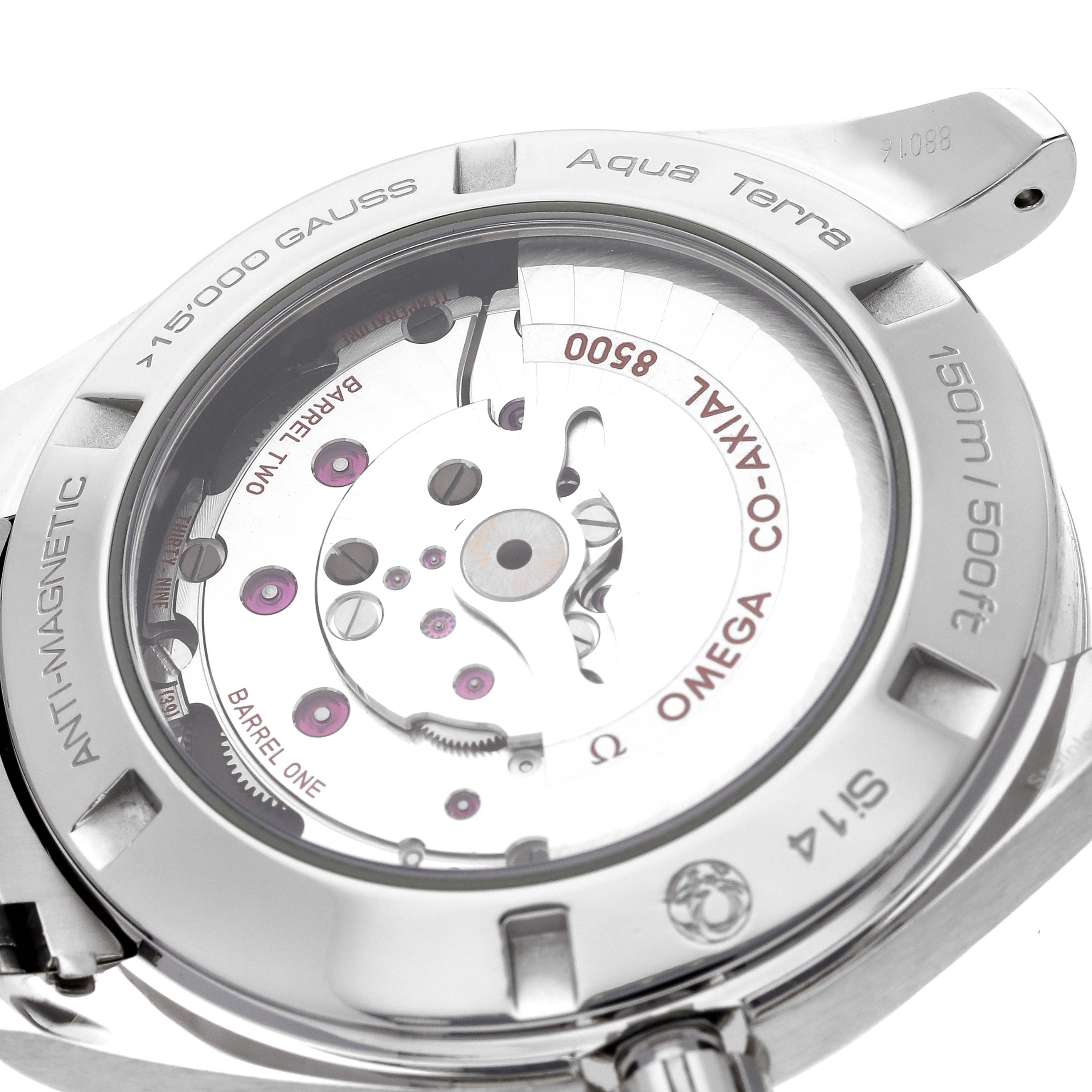 The Omega Aqua Terra 231.10.39.21.03.002 Men's Stainless Steel Blue Dial 231.10.39.21.03.002 Men's Stainless Steel Blue Dial watch is shown from the back, displaying its movement and case details.