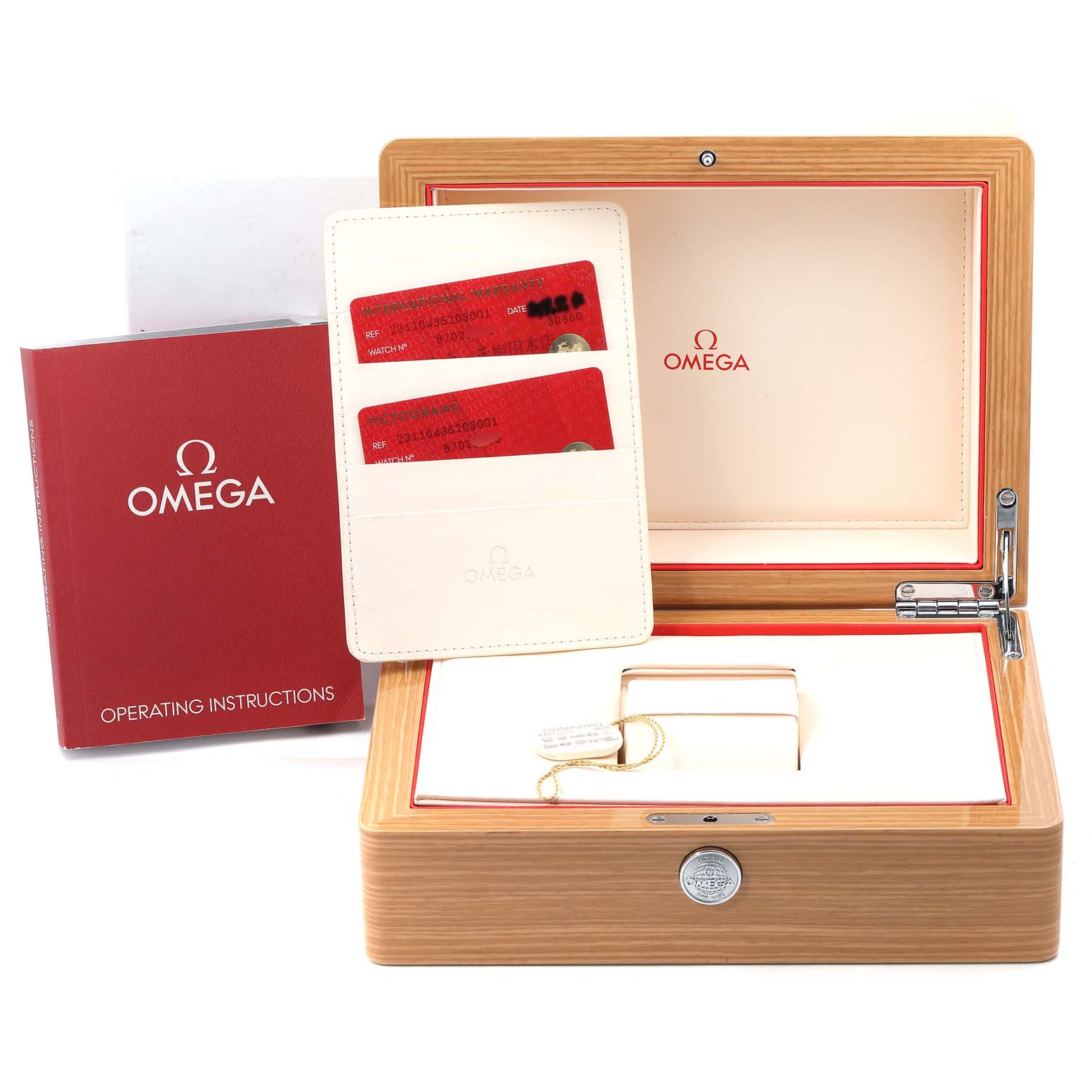 The image shows the Omega Aqua Terra 231.10.43.52.03.001 Men's Stainless Steel Blue Dial 231.10.43.52.03.001 Men's Stainless Steel Blue Dial watch box, warranty cards, and operating instructions from a front angle.