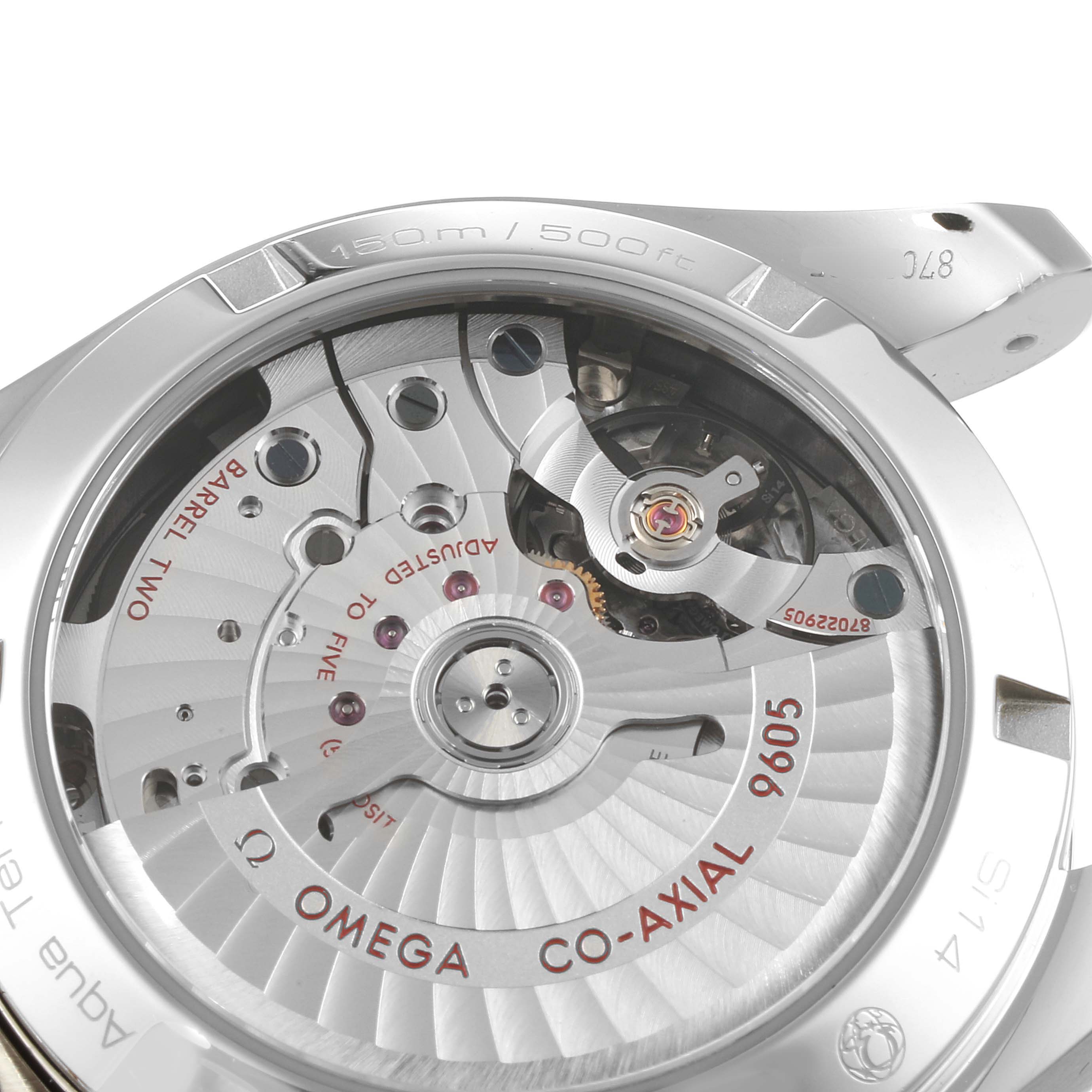 The image shows the intricate back of the Omega Aqua Terra 231.10.43.52.03.001 Men's Stainless Steel Blue Dial 231.10.43.52.03.001 Men's Stainless Steel Blue Dial watch, highlighting the Co-Axial movement and mechanical components.