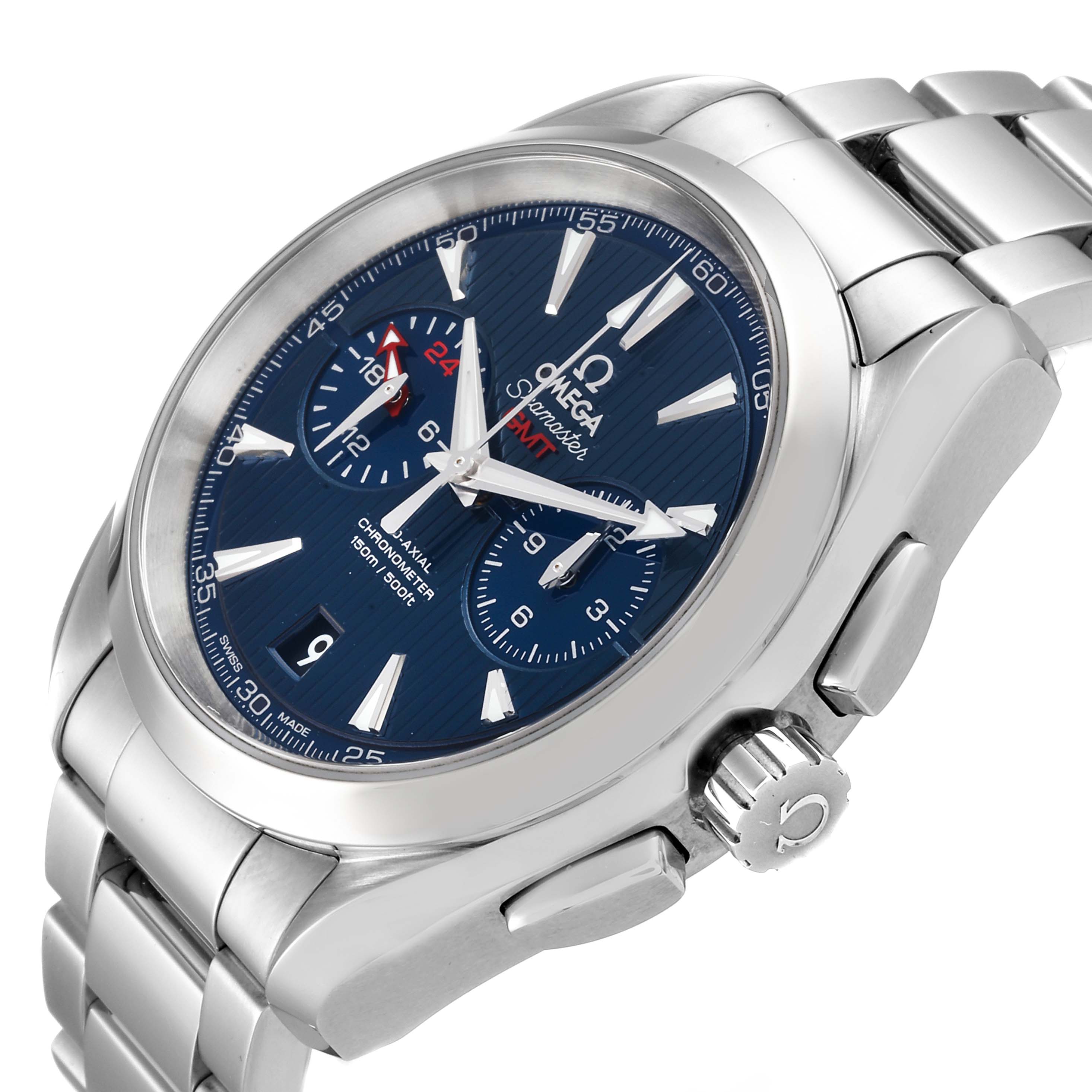 The Omega Aqua Terra 231.10.43.52.03.001 Men's Stainless Steel Blue Dial 231.10.43.52.03.001 Men's Stainless Steel Blue Dial watch is shown at a three-quarter angle, displaying the face, crown, and part of the bracelet.