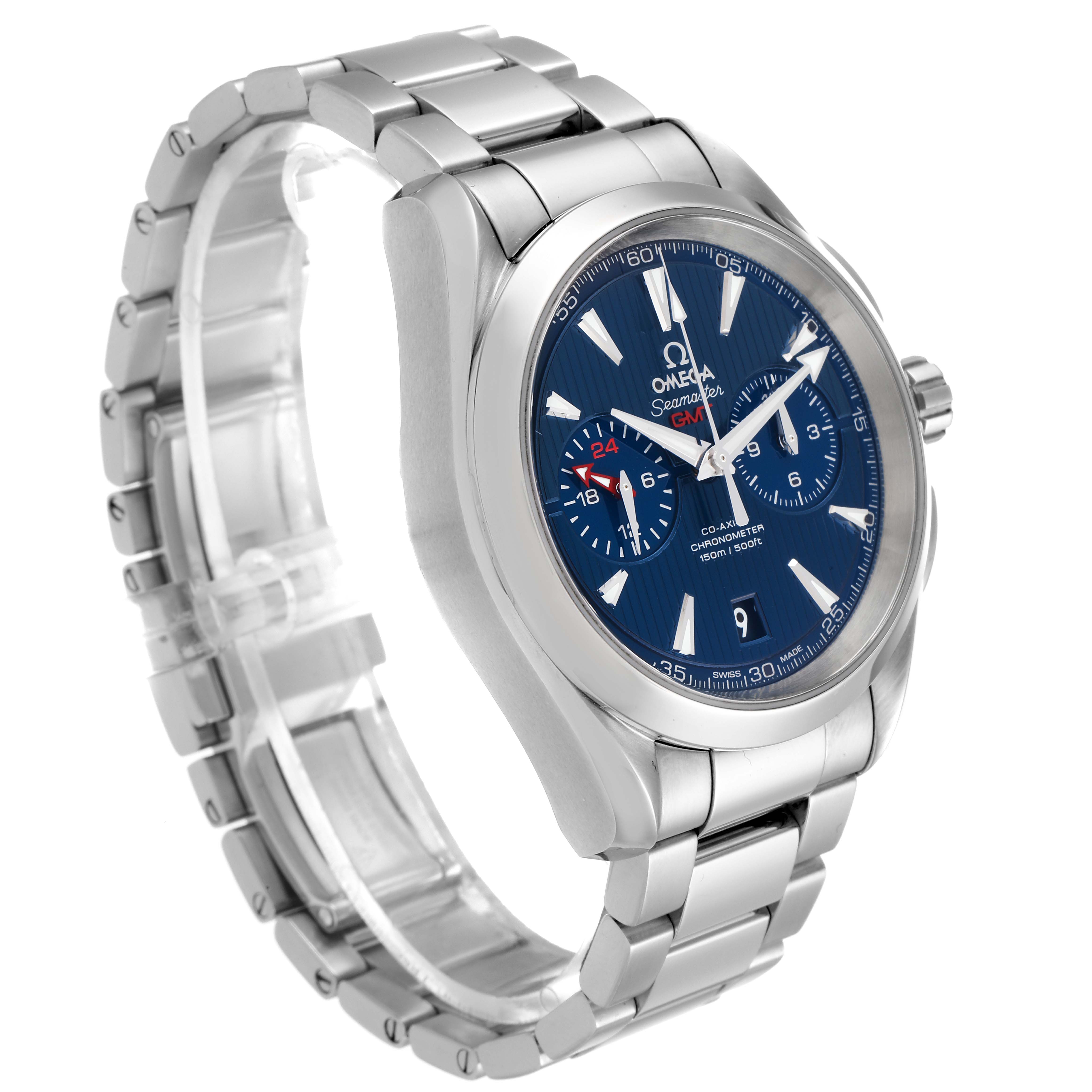 The image shows a front-side angle of the Omega Aqua Terra 231.10.43.52.03.001 Men's Stainless Steel Blue Dial 231.10.43.52.03.001 Men's Stainless Steel Blue Dial watch, highlighting the watch face, bezel, band, and crown.
