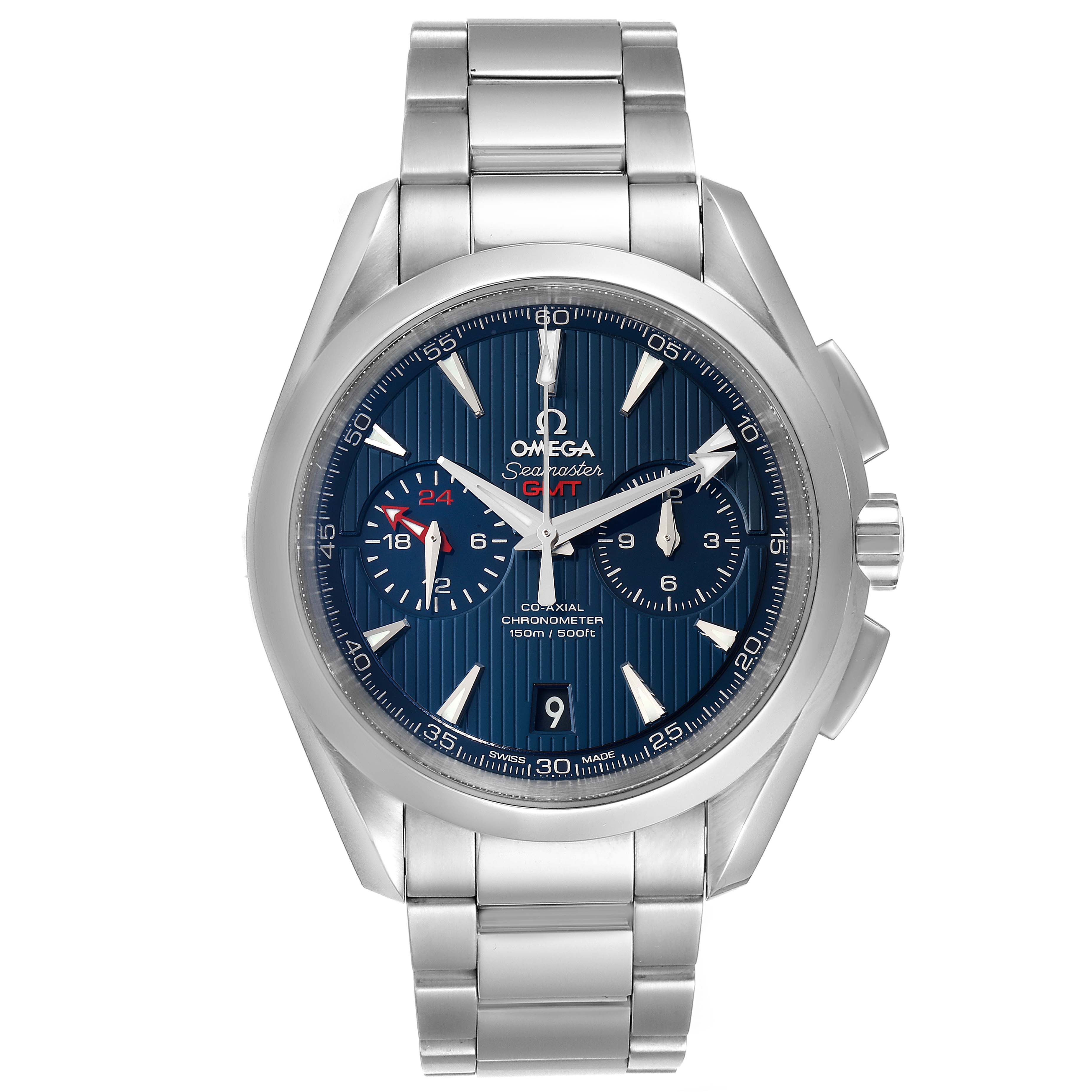 The image shows the front view of an Omega Aqua Terra 231.10.43.52.03.001 Men's Stainless Steel Blue Dial 231.10.43.52.03.001 Men's Stainless Steel Blue Dial watch, highlighting its face, dial, hands, and metal strap.