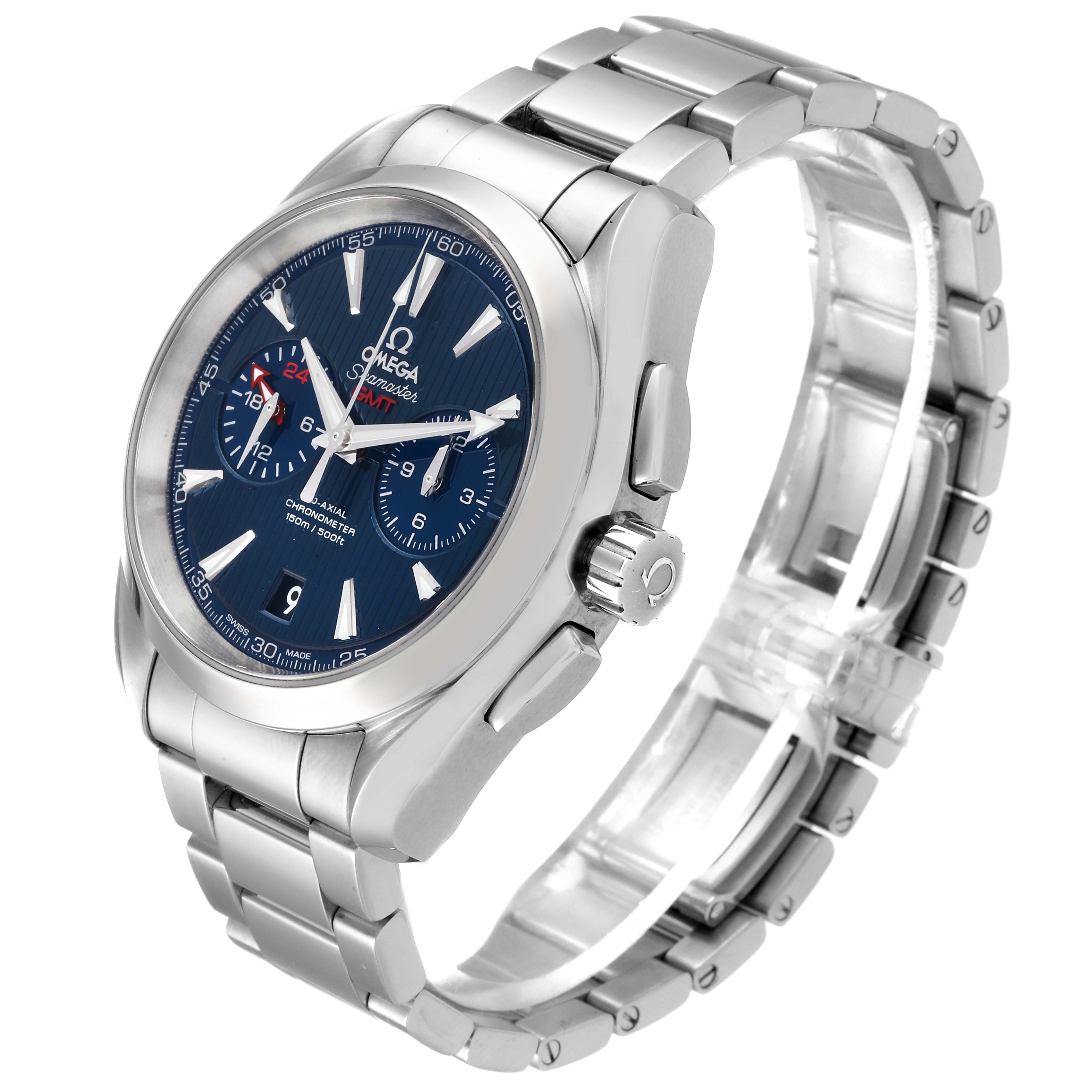 The Omega Aqua Terra 231.10.43.52.03.001 Men's Stainless Steel Blue Dial 231.10.43.52.03.001 Men's Stainless Steel Blue Dial watch is shown at a 3/4 angle, displaying its face, crown, and metal bracelet.
