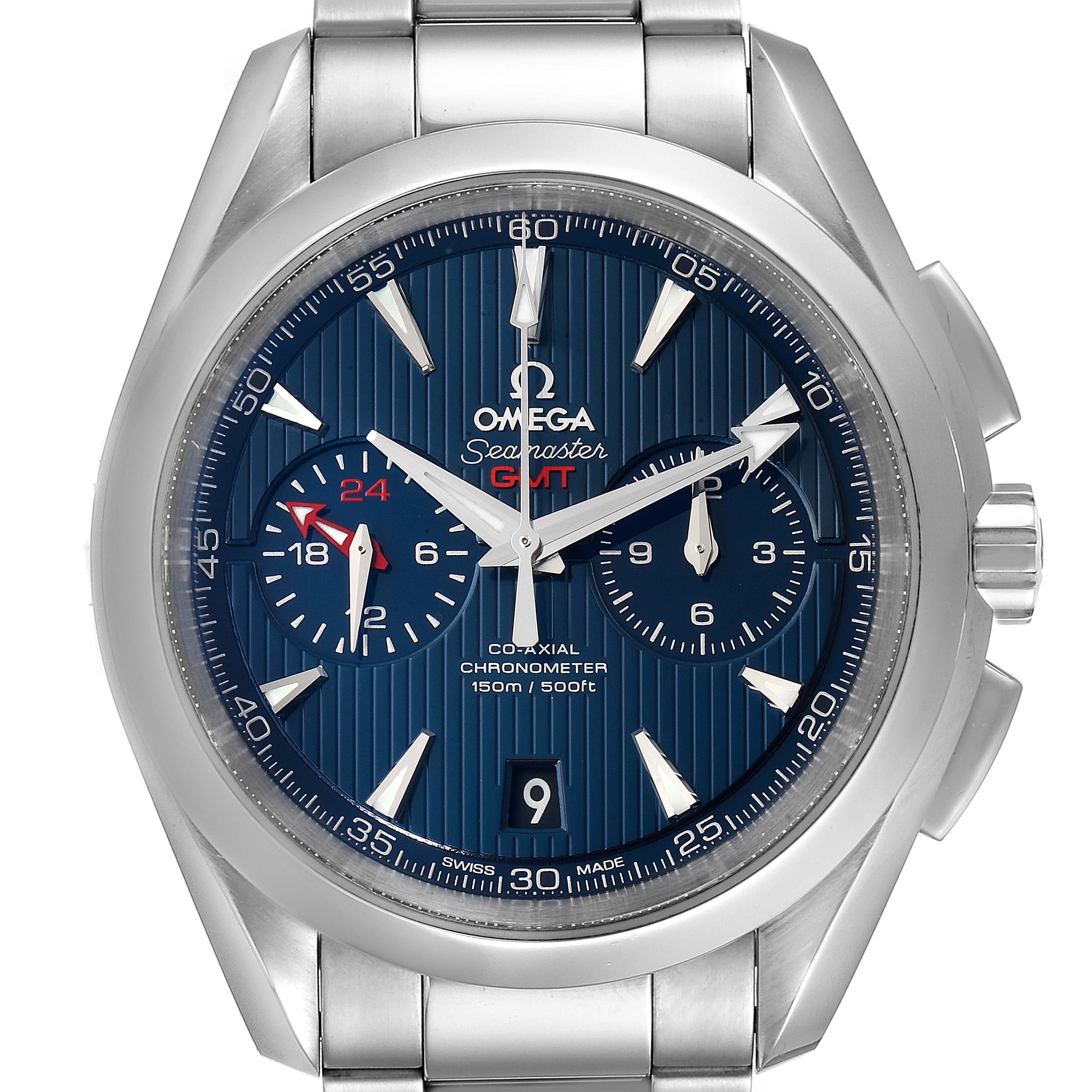 This is a front view of an Omega Aqua Terra 231.10.43.52.03.001 Men's Stainless Steel Blue Dial 231.10.43.52.03.001 Men's Stainless Steel Blue Dial Seamaster GMT watch, showcasing its dial, hands, and bracelet.