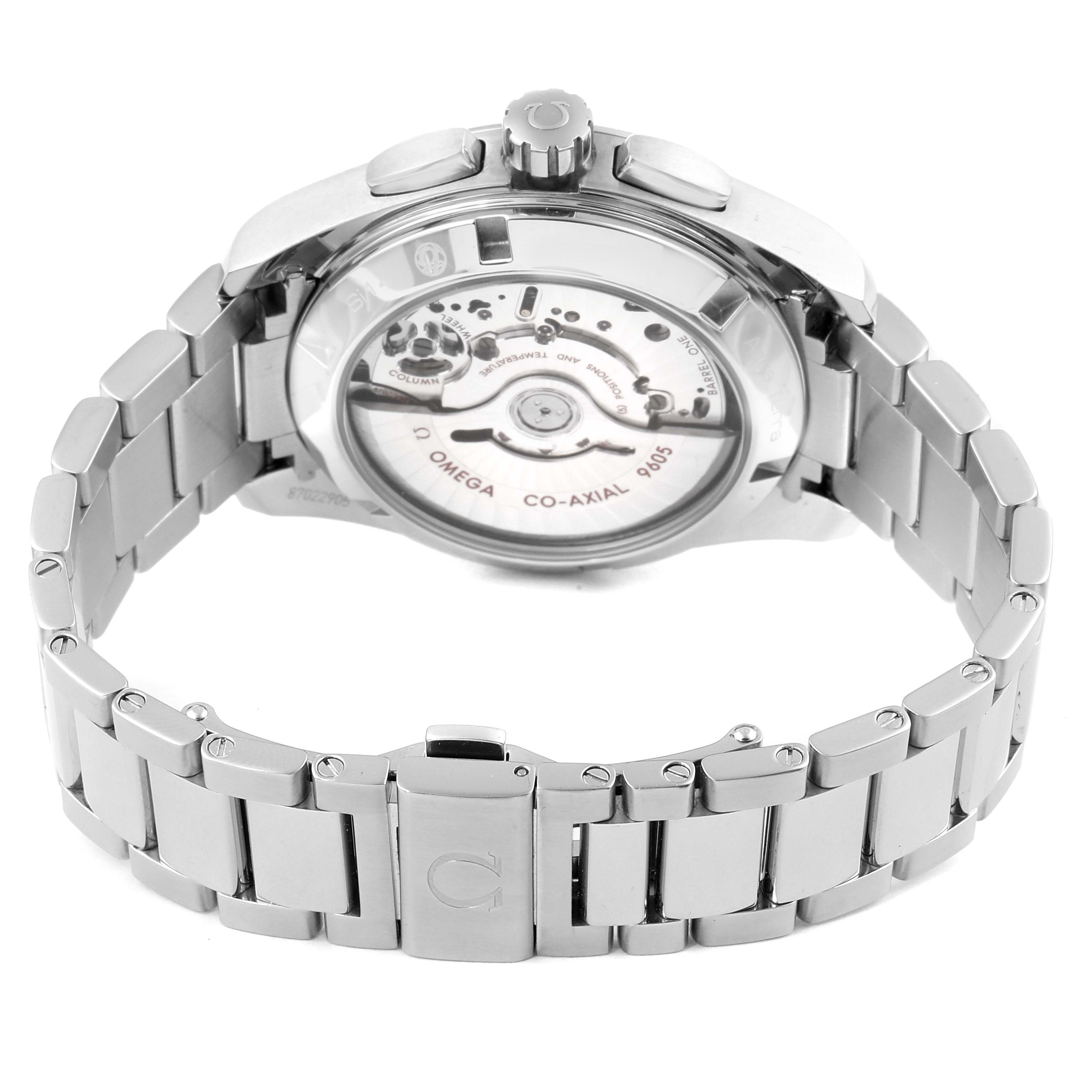 The image shows the back view of the Omega Aqua Terra 231.10.43.52.03.001 Men's Stainless Steel Blue Dial 231.10.43.52.03.001 Men's Stainless Steel Blue Dial watch, highlighting its Co-Axial movement and stainless steel bracelet.