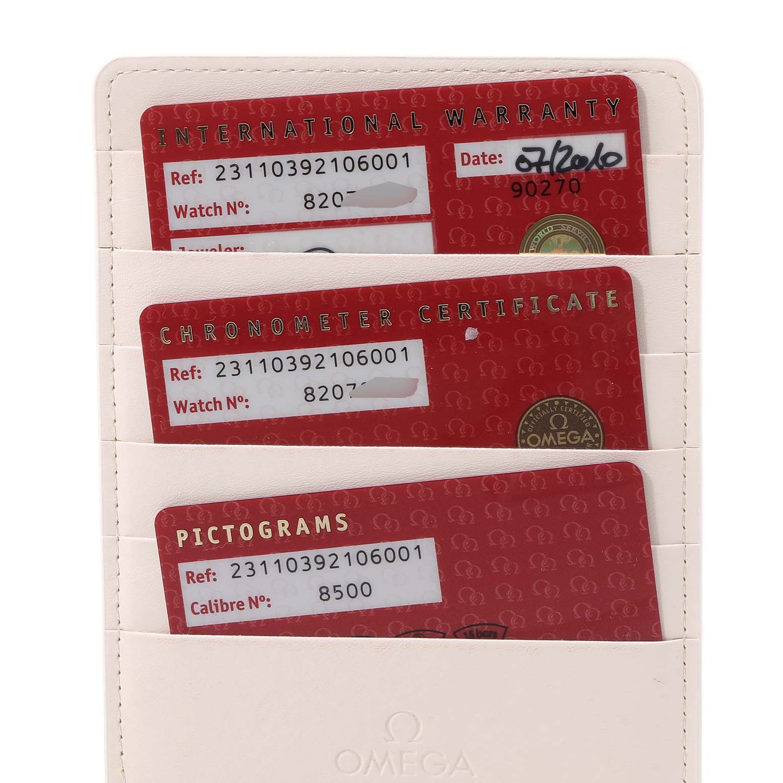 Shown are Omega Aqua Terra 231.10.39.21.06.001 Men
s Stainless Steel Grey Dial 231.10.39.21.06.001 Men
s Stainless Steel Grey Dial model cards: International Warranty, Chronometer Certificate, and Pictograms in a holder.