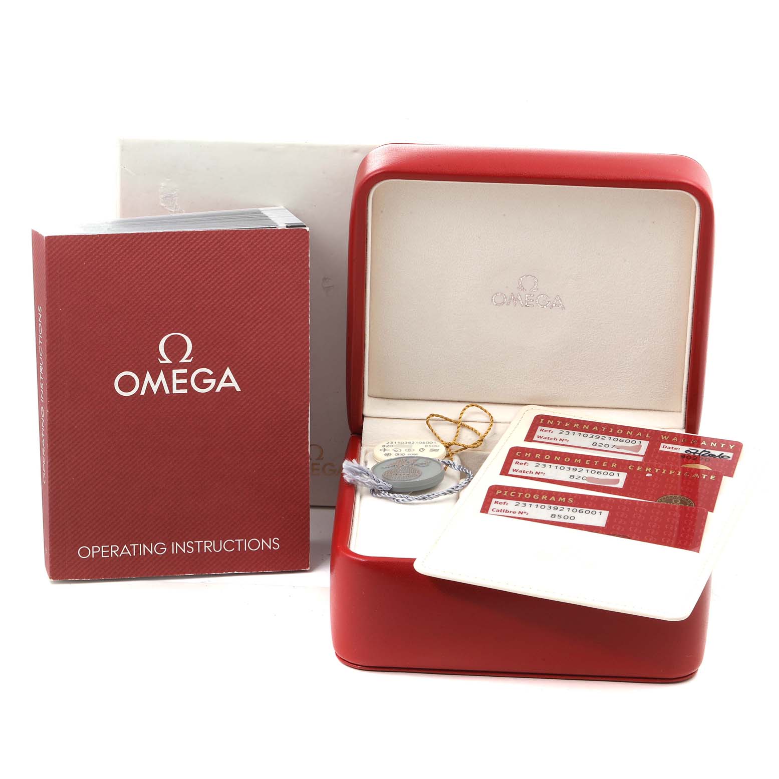 The image shows an Omega Aqua Terra 231.10.39.21.06.001 Men
s Stainless Steel Grey Dial 231.10.39.21.06.001 Men
s Stainless Steel Grey Dial watch
s packaging, including its box, operating instructions, and accompanying certificates.