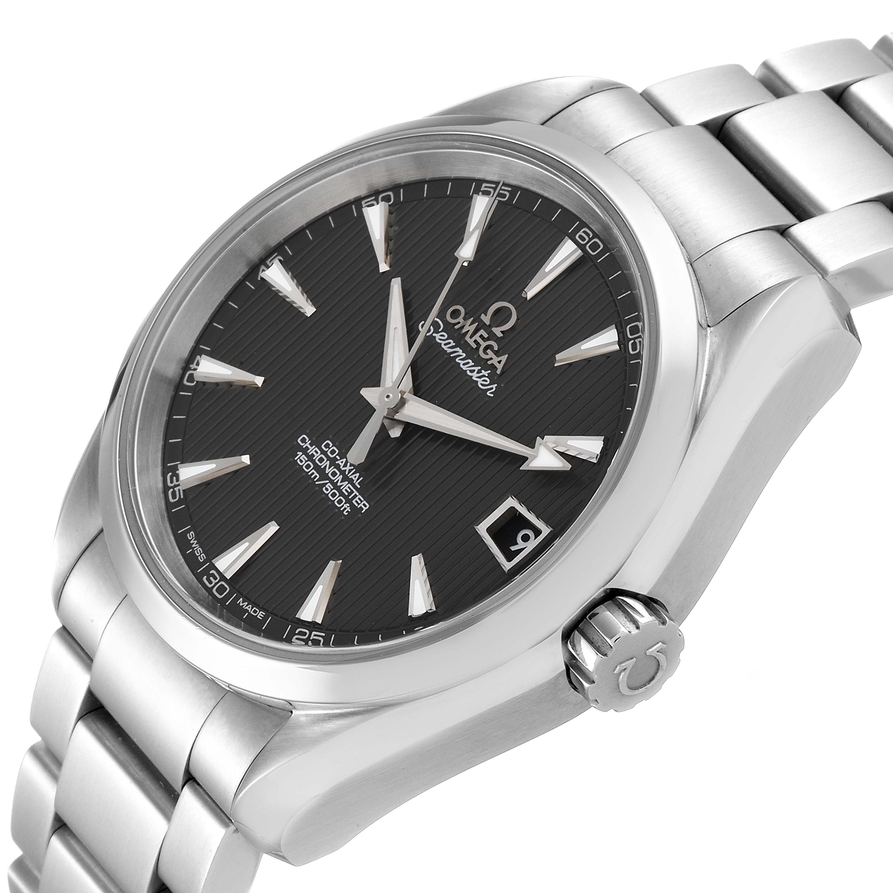 The image shows a close-up, angled view of the face and bracelet of an Omega Aqua Terra 231.10.39.21.06.001 Men
s Stainless Steel Grey Dial 231.10.39.21.06.001 Men
s Stainless Steel Grey Dial watch.