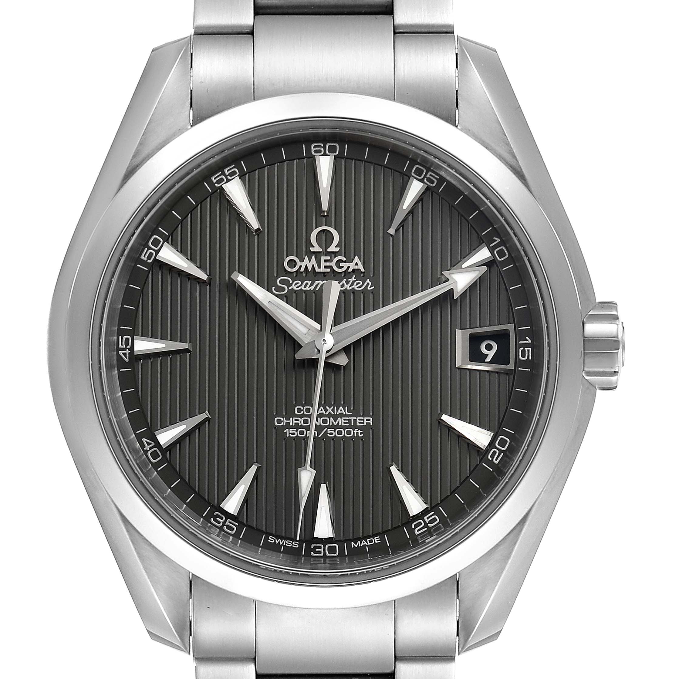 The image shows a front view of the Omega Aqua Terra 231.10.39.21.06.001 Men
s Stainless Steel Grey Dial 231.10.39.21.06.001 Men
s Stainless Steel Grey Dial watch, highlighting the dial, hands, bezel, and bracelet.