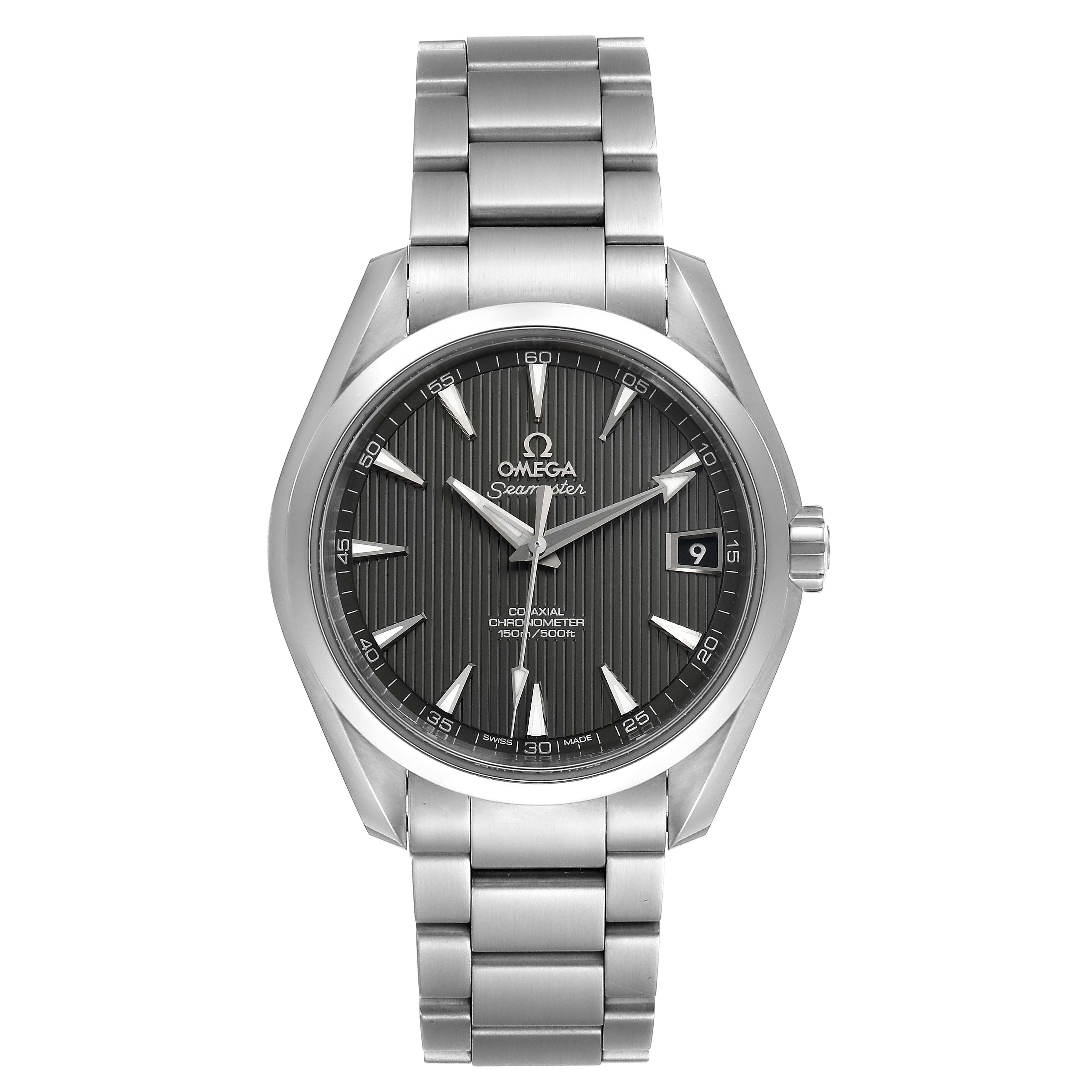 The image shows a front view of the Omega Aqua Terra 231.10.39.21.06.001 Men
s Stainless Steel Grey Dial 231.10.39.21.06.001 Men
s Stainless Steel Grey Dial watch, displaying its face, bezel, crown, and bracelet.
