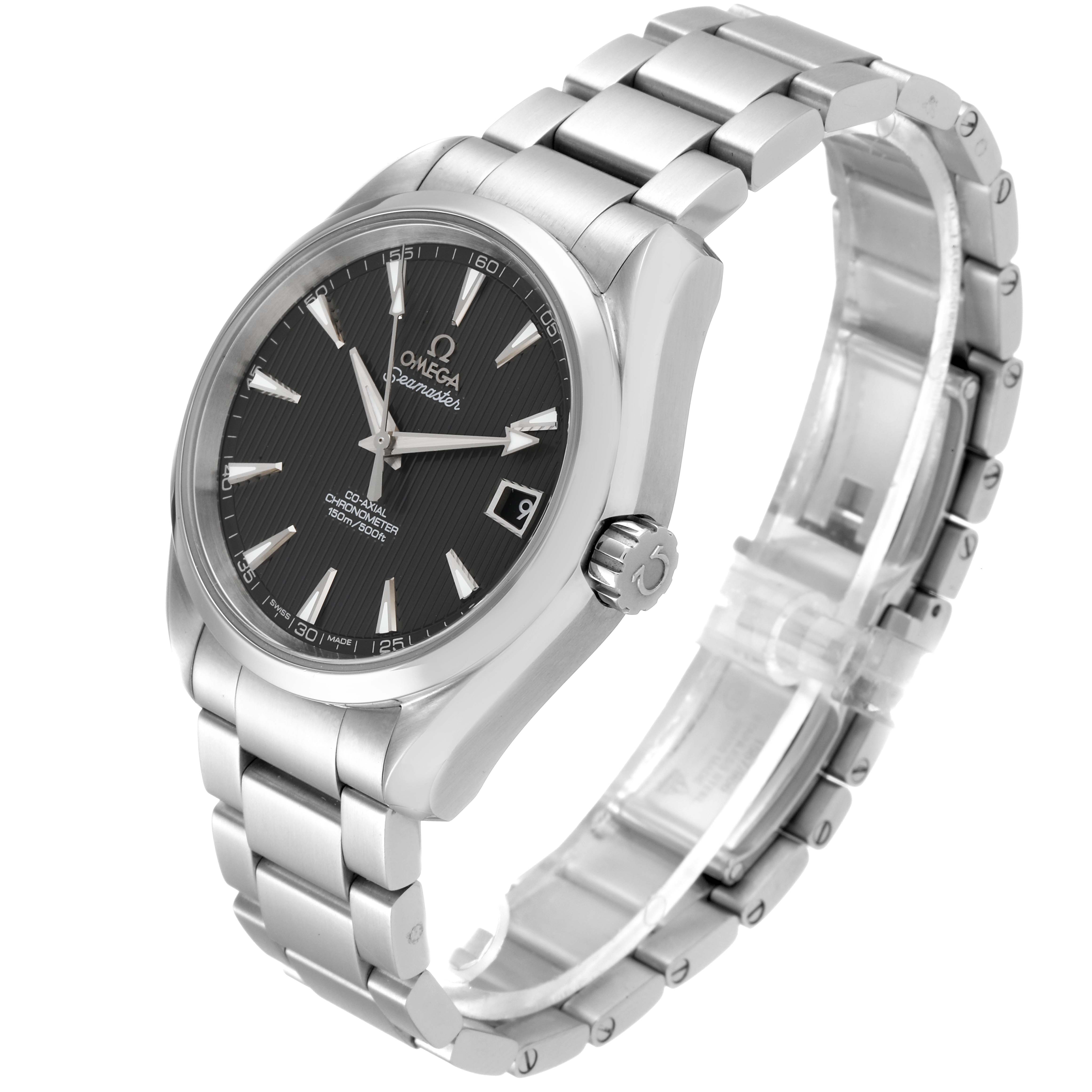 The Omega Aqua Terra 231.10.39.21.06.001 Men
s Stainless Steel Grey Dial 231.10.39.21.06.001 Men
s Stainless Steel Grey Dial watch is pictured from an angled side view, showcasing its face, crown, and metal bracelet.