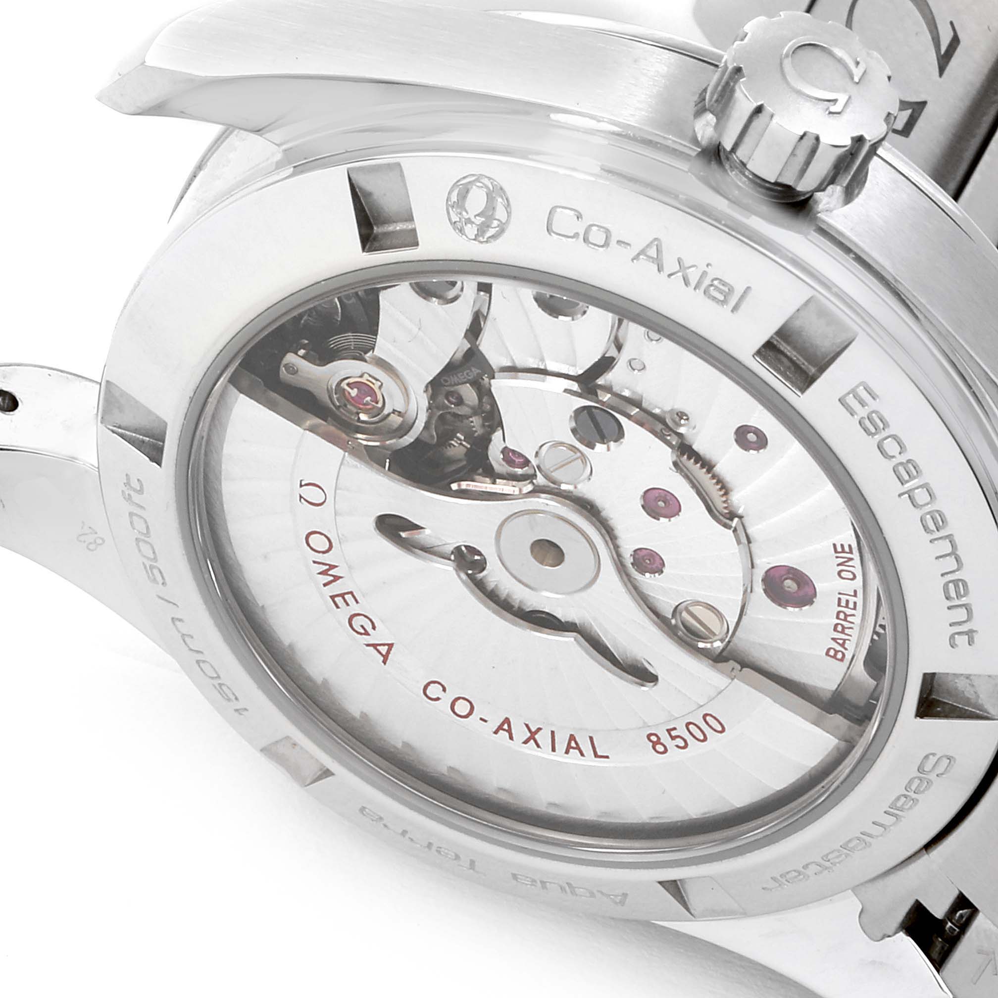 The image shows the case back of the Omega Aqua Terra 231.10.39.21.06.001 Men
s Stainless Steel Grey Dial 231.10.39.21.06.001 Men
s Stainless Steel Grey Dial watch, highlighting its Co-Axial 8500 movement.