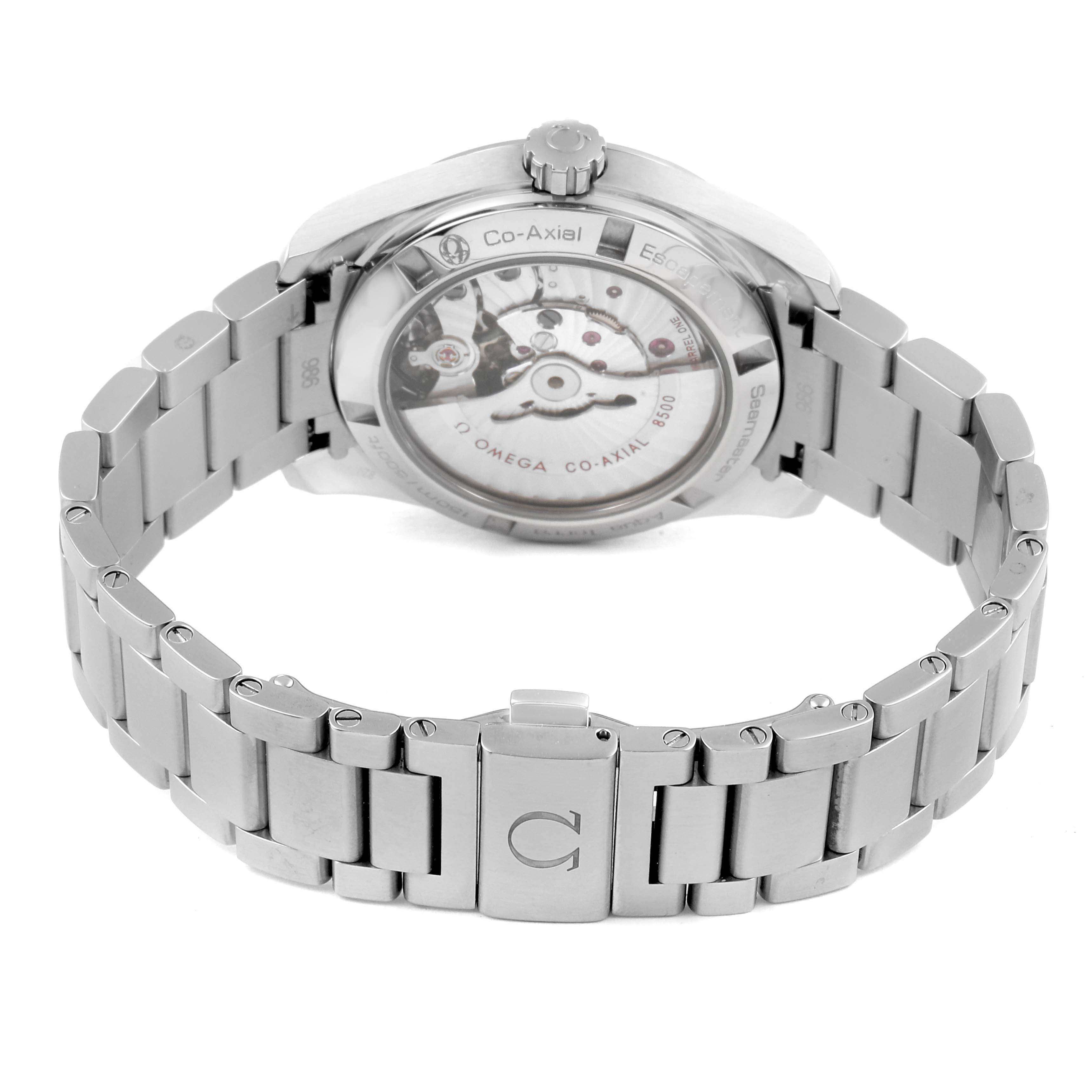 This is a rear view of the Omega Aqua Terra 231.10.39.21.06.001 Men
s Stainless Steel Grey Dial 231.10.39.21.06.001 Men
s Stainless Steel Grey Dial watch, showing its metal bracelet and transparent case back revealing the movement.