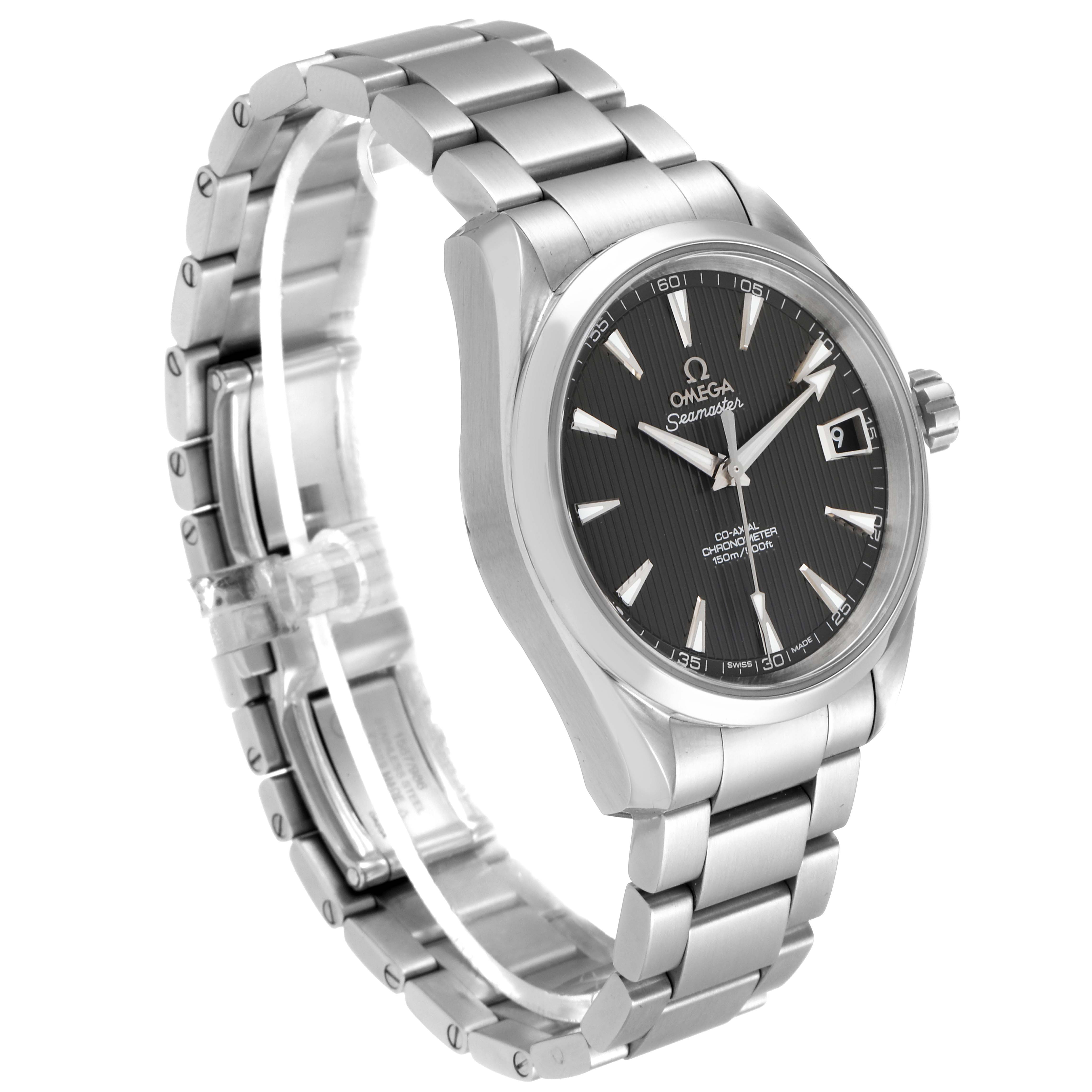 The image shows a three-quarter view of the Omega Aqua Terra 231.10.39.21.06.001 Men
s Stainless Steel Grey Dial 231.10.39.21.06.001 Men
s Stainless Steel Grey Dial watch, highlighting its face, bezel, and metal bracelet.