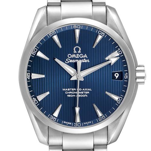 The Omega Aqua Terra 231.10.39.21.03.002 Men's Stainless Steel Blue Dial watch is shown from a front angle, highlighting the blue dial, hands, indices, and date window.