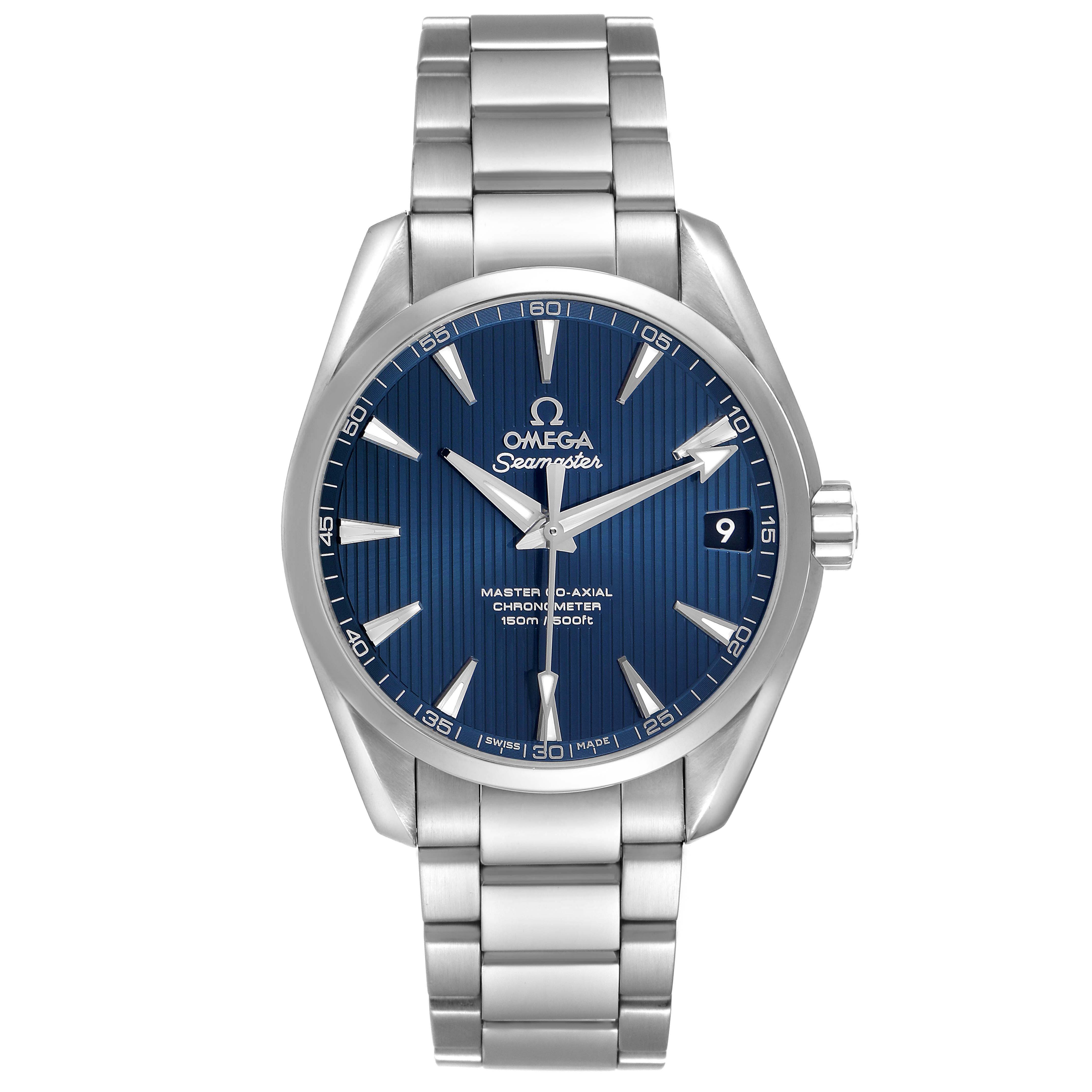 The Omega Aqua Terra 231.10.39.21.03.002 Men's Stainless Steel Blue Dial watch is shown from the front, highlighting its dial, hands, date window, bezel, and bracelet.