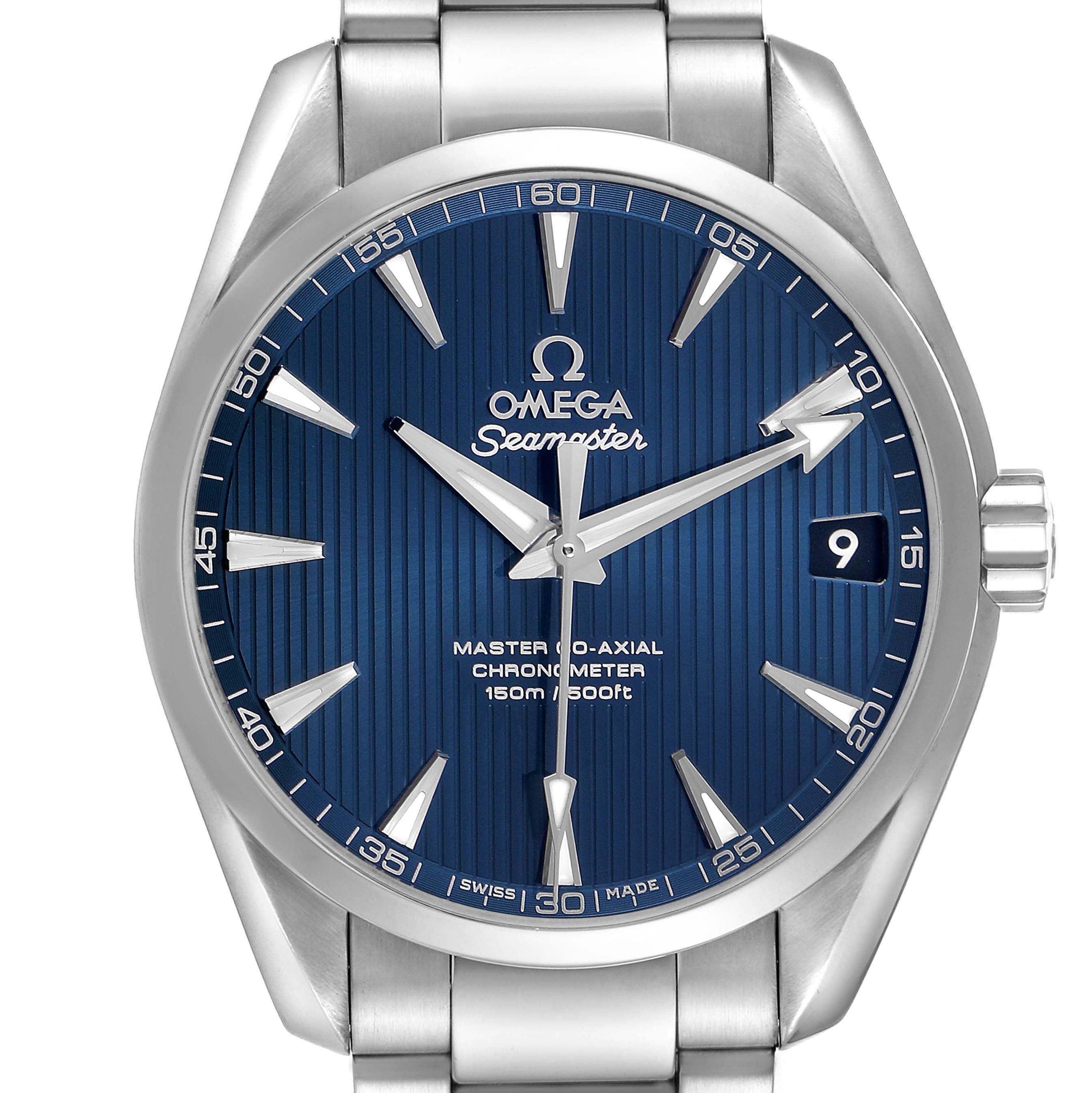 The Omega Aqua Terra 231.10.39.21.03.002 Men's Stainless Steel Blue Dial watch is shown from the front, displaying the blue dial, silver indices, date window, and part of the bracelet.