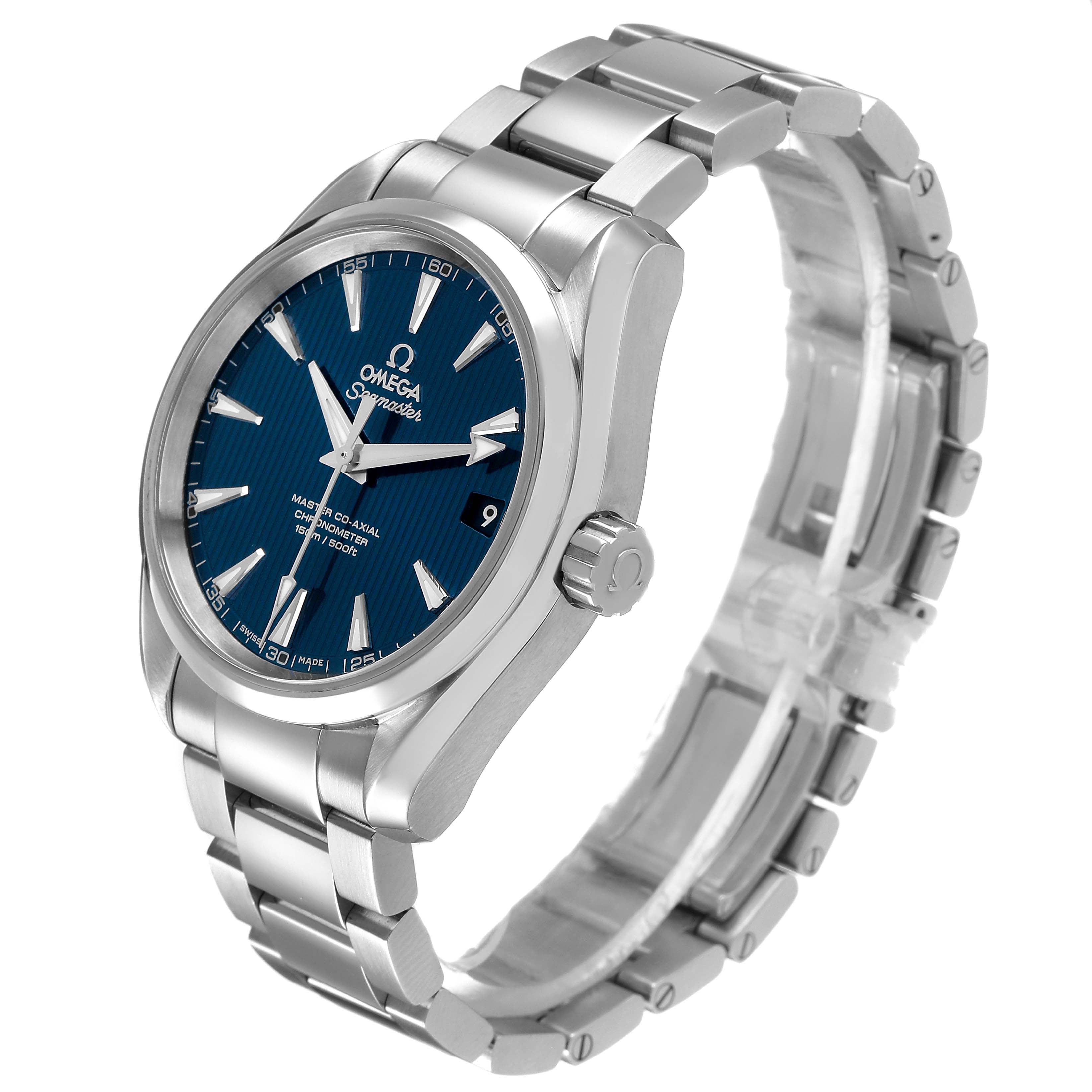 The Omega Aqua Terra 231.10.39.21.03.002 Men's Stainless Steel Blue Dial watch is shown at a three-quarter angle, highlighting the blue dial, bezel, crown, and bracelet.