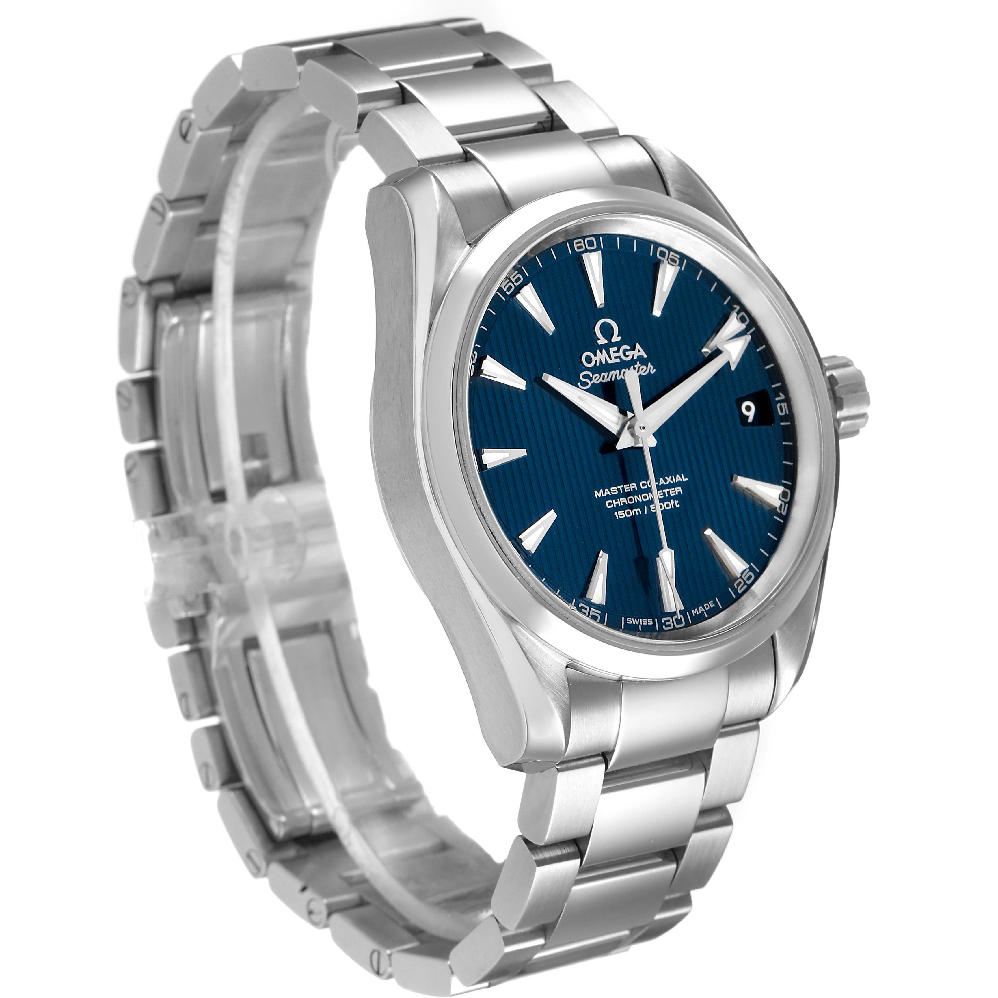 The Omega Aqua Terra 231.10.39.21.03.002 Men's Stainless Steel Blue Dial watch is shown at a three-quarter angle, highlighting the blue dial, stainless steel case, and bracelet.