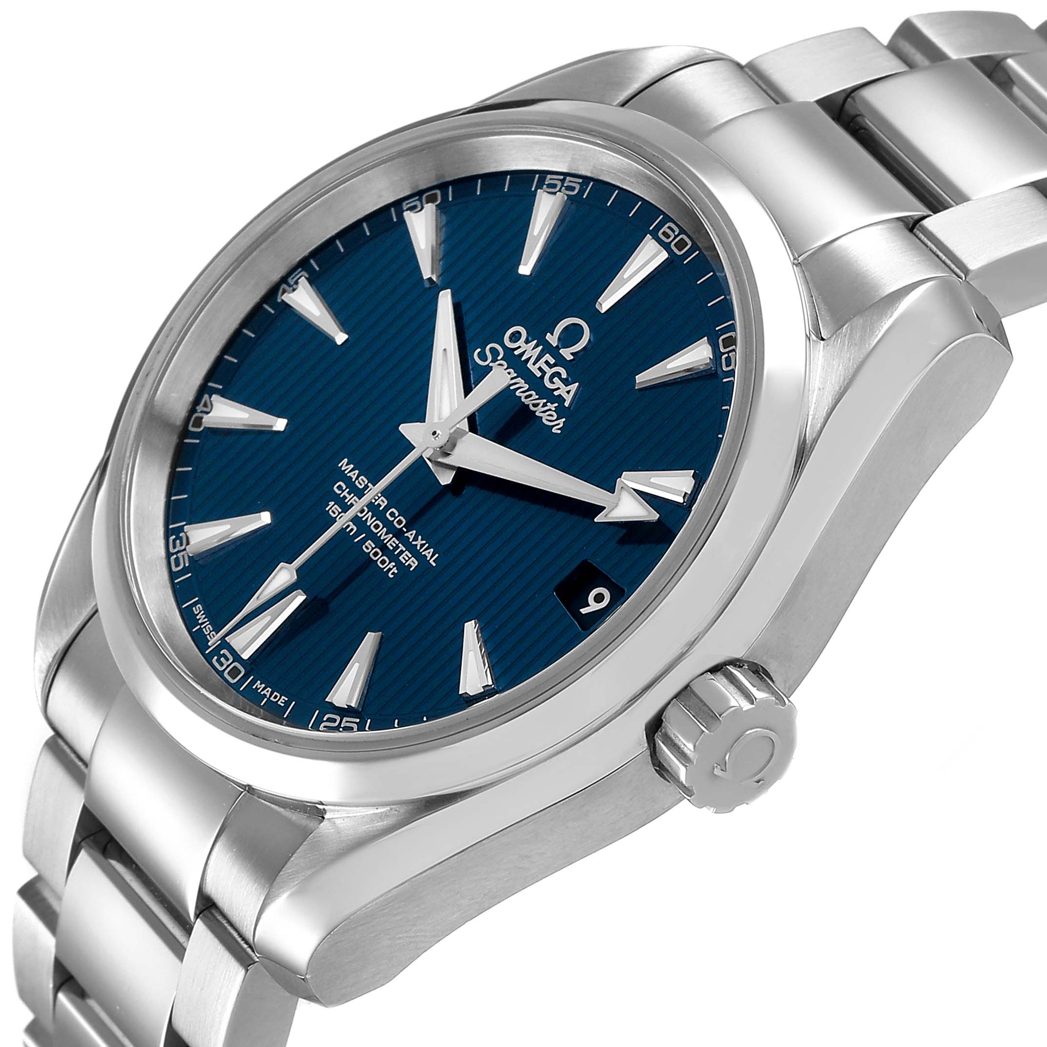 The Omega Aqua Terra 231.10.39.21.03.002 Men's Stainless Steel Blue Dial watch is shown at a three-quarter angle, displaying its blue dial, crown, and stainless steel bracelet.