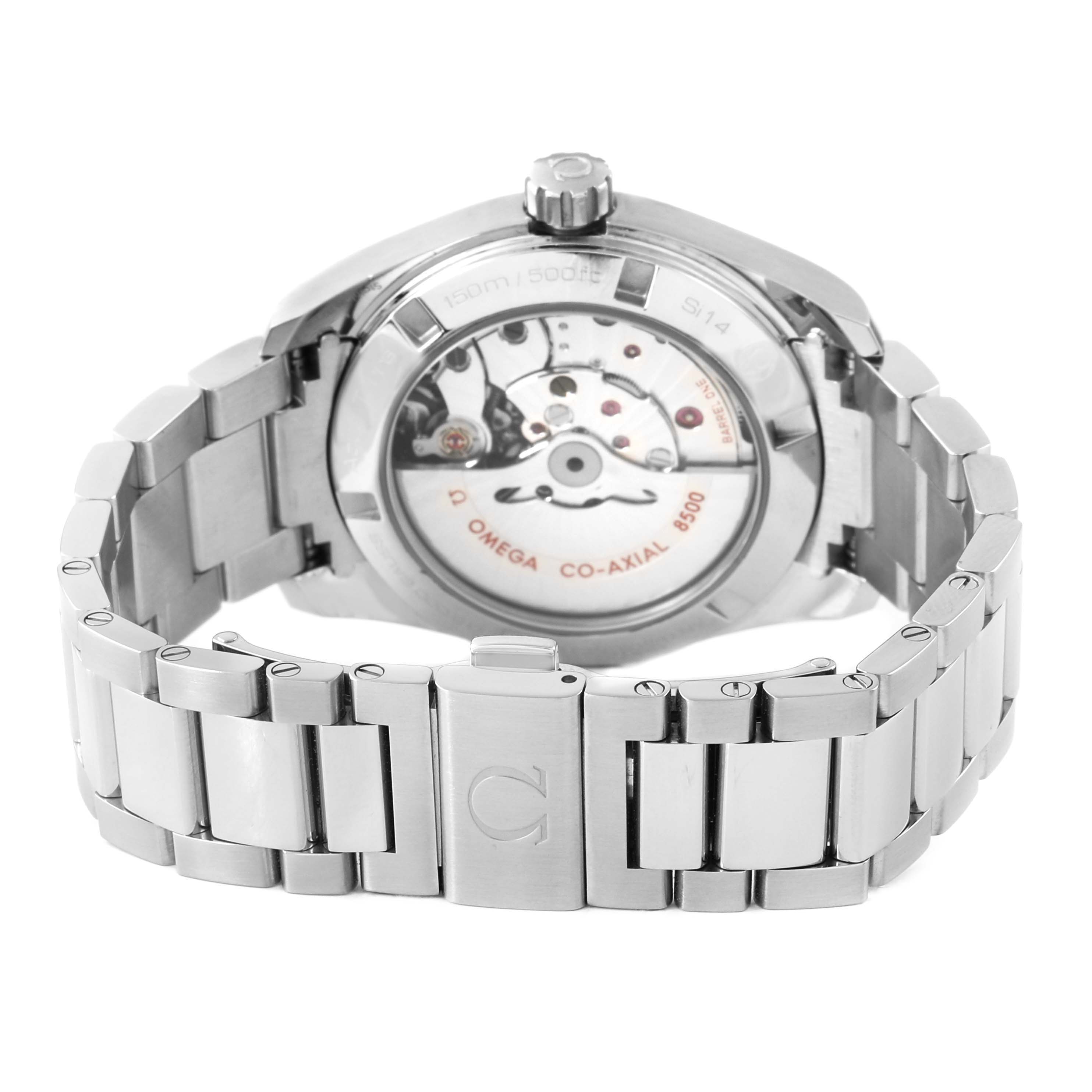 The Omega Aqua Terra 231.10.39.21.03.002 Men's Stainless Steel Blue Dial watch is shown from the back, highlighting the Co-Axial movement and stainless steel bracelet.