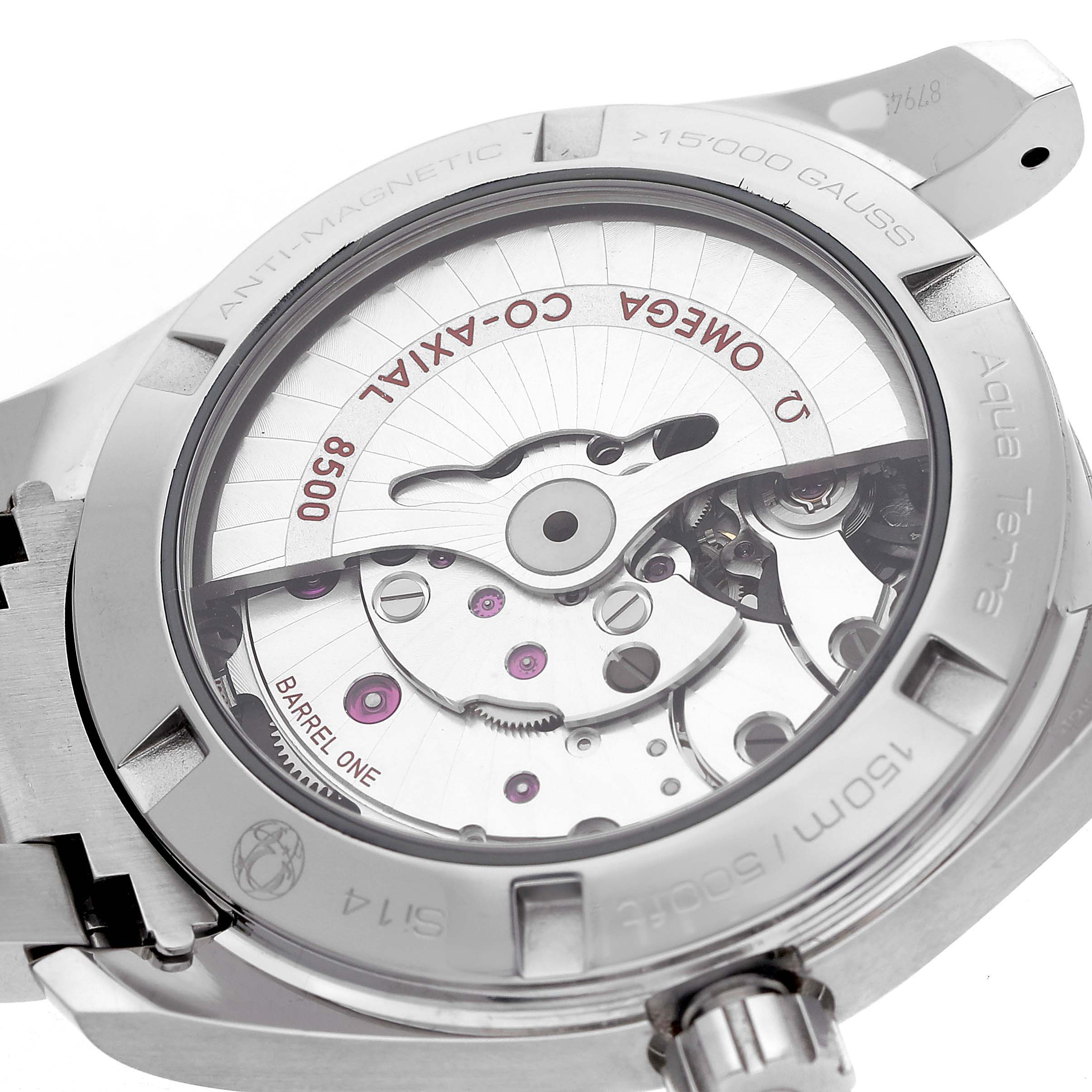 The image shows the back view of an Omega Aqua Terra 231.10.39.21.03.002 Men's Stainless Steel Blue Dial watch, highlighting its inner mechanical movement.