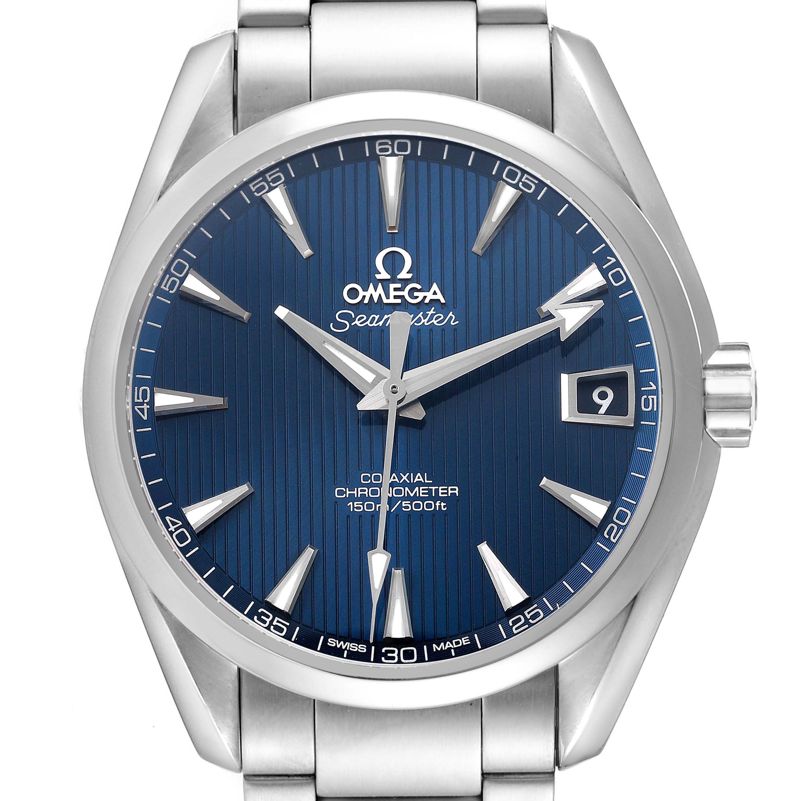The Omega Aqua Terra 231.10.39.21.03.001 Men's Stainless Steel Blue Dial watch is shown from the front, displaying its blue dial, hands, indices, date window, and stainless steel bracelet.