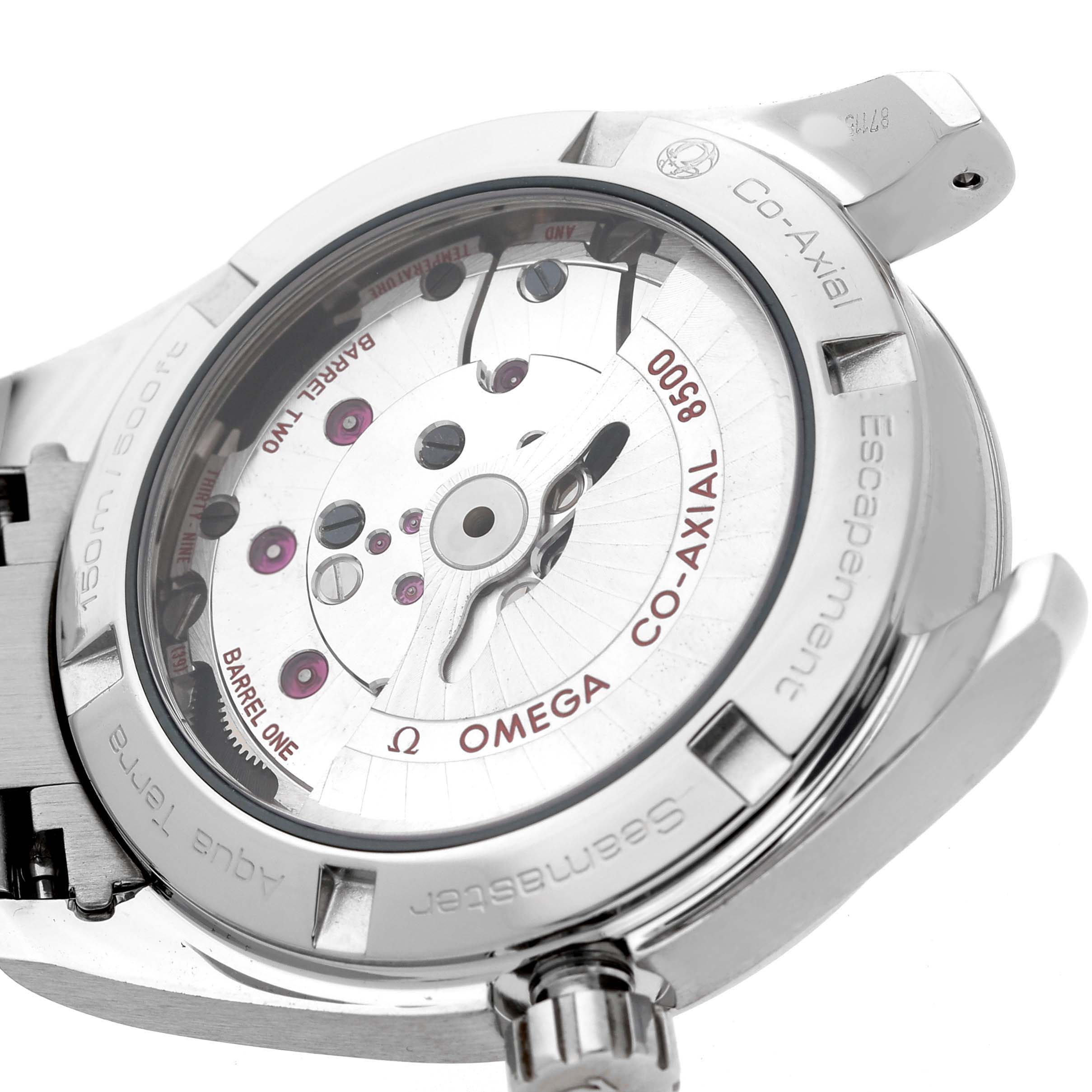 The image shows the back of the Omega Aqua Terra 231.10.39.21.03.001 Men's Stainless Steel Blue Dial watch, highlighting the exposed Co-Axial 8500 movement mechanism at an angle.