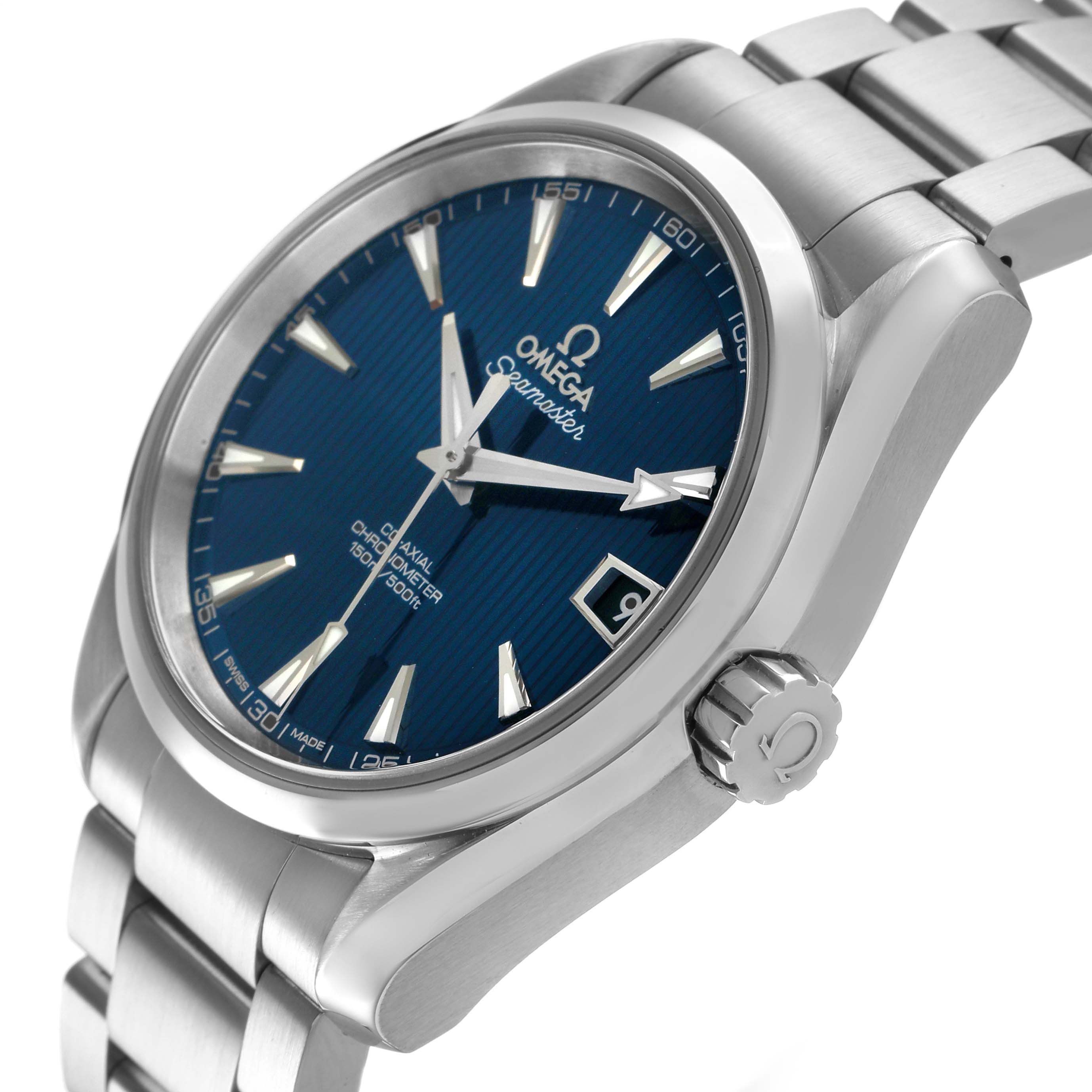 The Omega Aqua Terra 231.10.39.21.03.001 Men's Stainless Steel Blue Dial watch is shown at a three-quarter angle, highlighting the blue dial, hour markers, crown, and part of the bracelet.