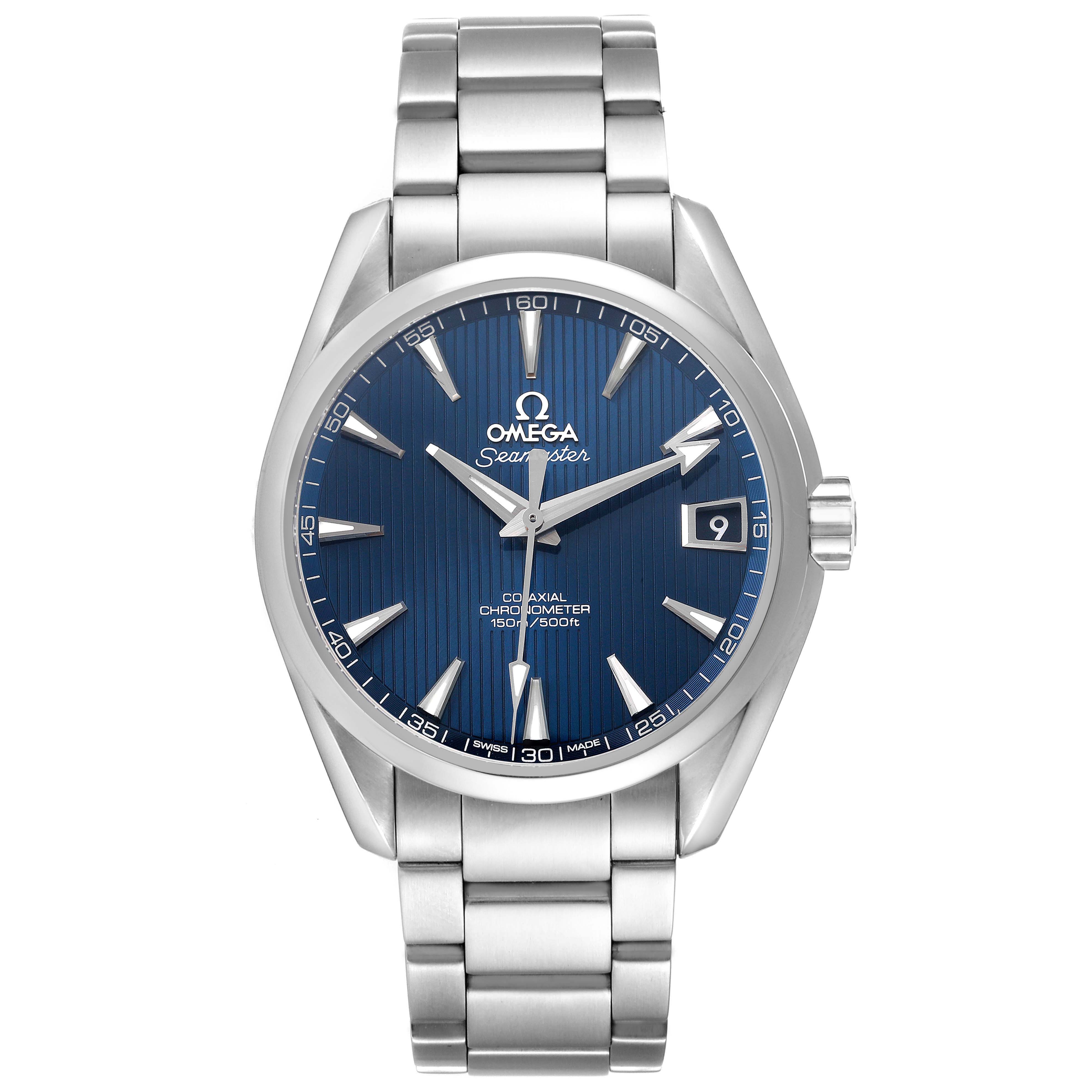 The Omega Aqua Terra 231.10.39.21.03.001 Men's Stainless Steel Blue Dial watch is shown from a front angle, displaying the face, bracelet, and crown.