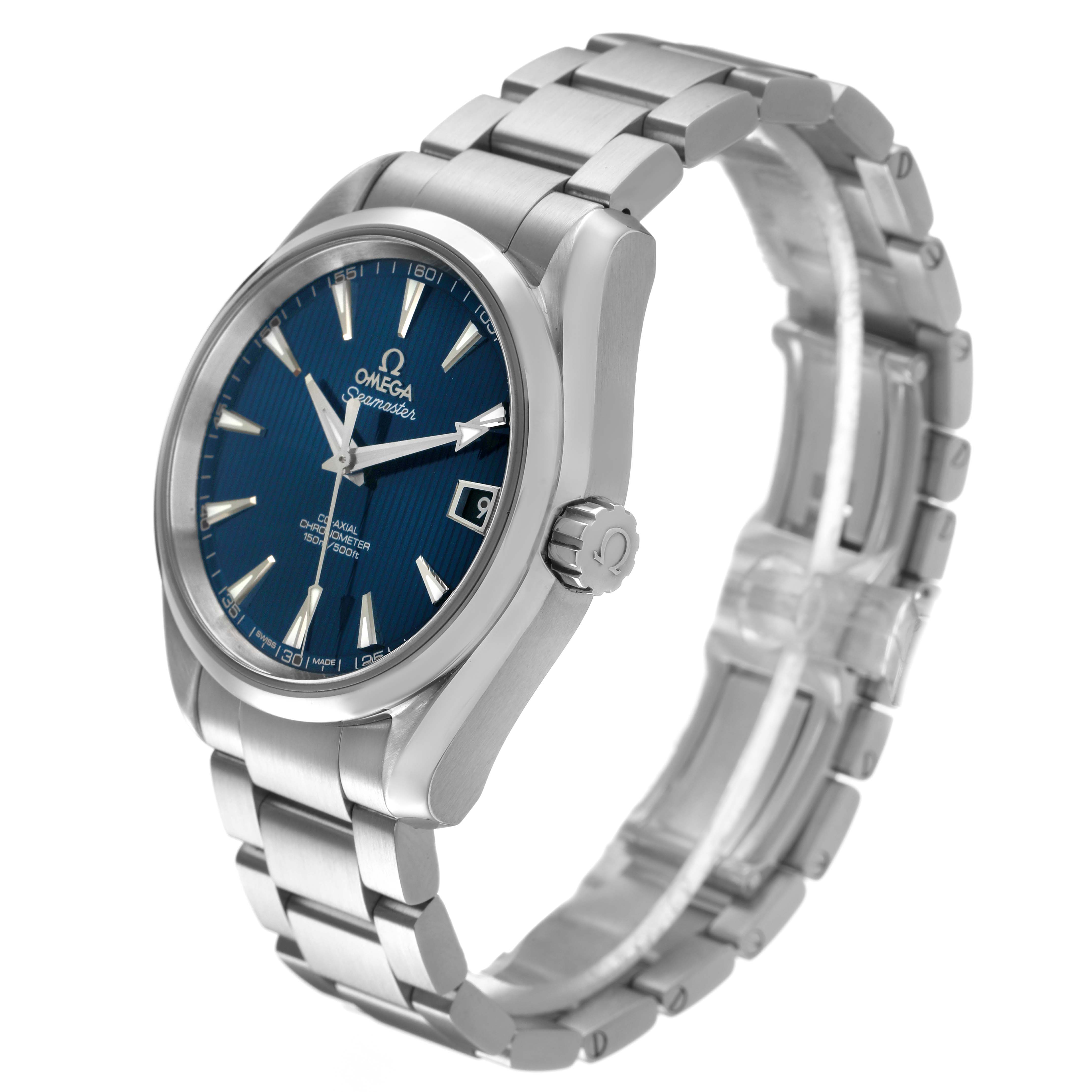 The Omega Aqua Terra 231.10.39.21.03.001 Men's Stainless Steel Blue Dial is shown at a three-quarter angle, highlighting the dial, bezel, crown, and stainless steel bracelet.