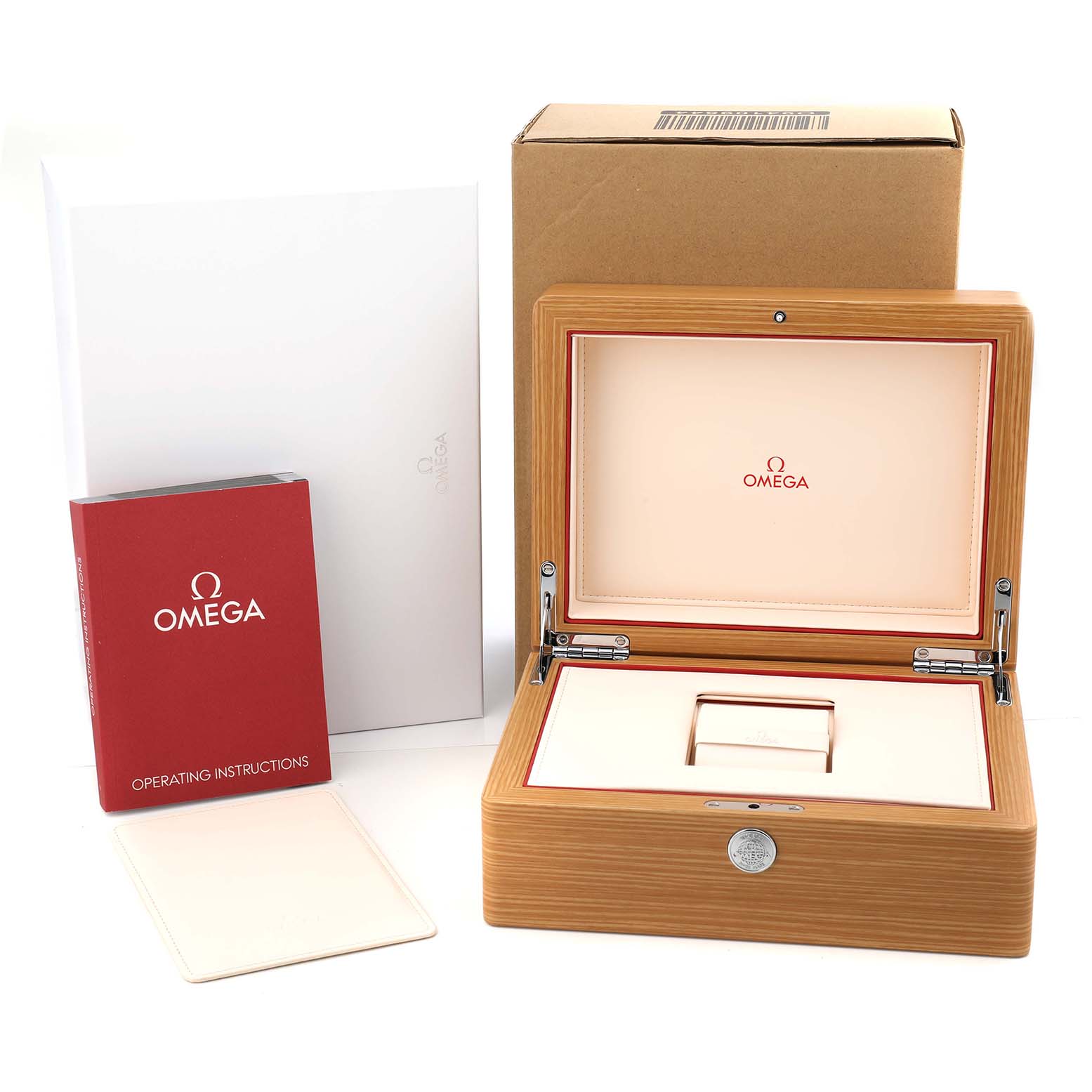 The image shows an Omega Aqua Terra 231.10.39.21.03.001 Men's Stainless Steel Blue Dial watch box, with packaging, manual, and inner display case viewed from the front.