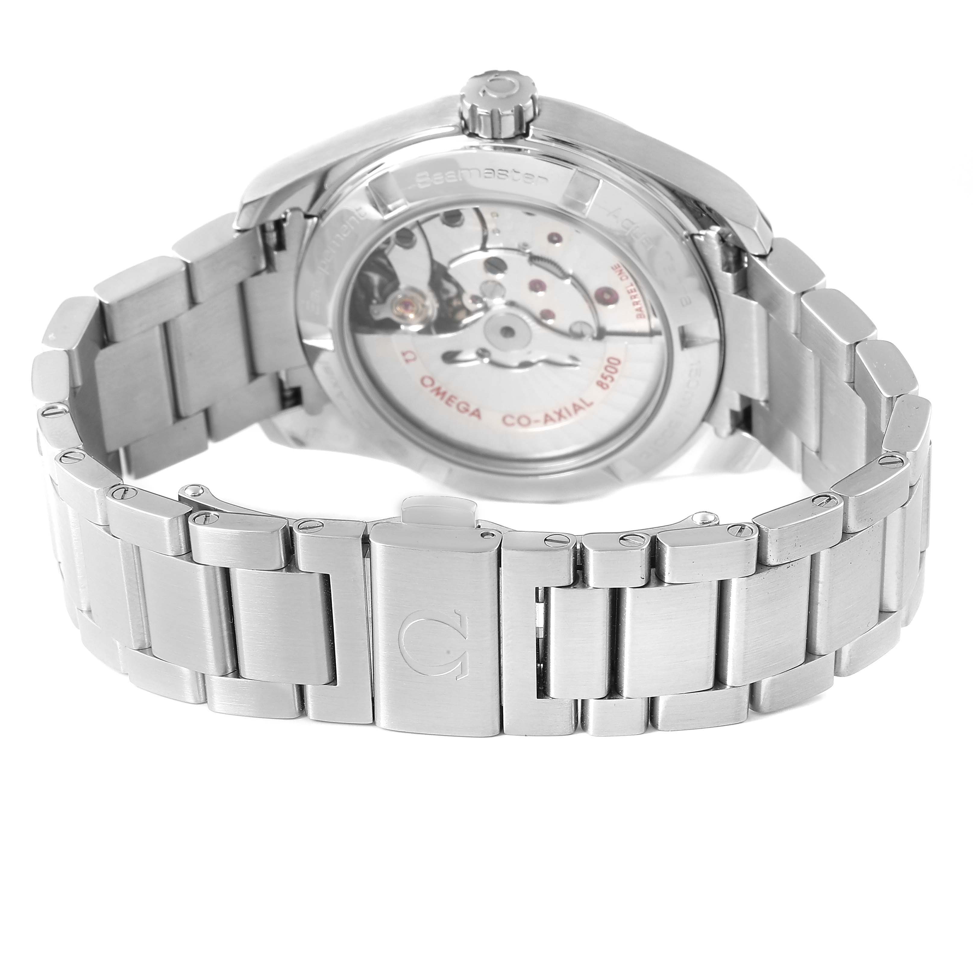 The Omega Aqua Terra 231.10.39.21.03.001 Men's Stainless Steel Blue Dial watch is shown from the back, displaying the transparent case back and stainless steel bracelet.