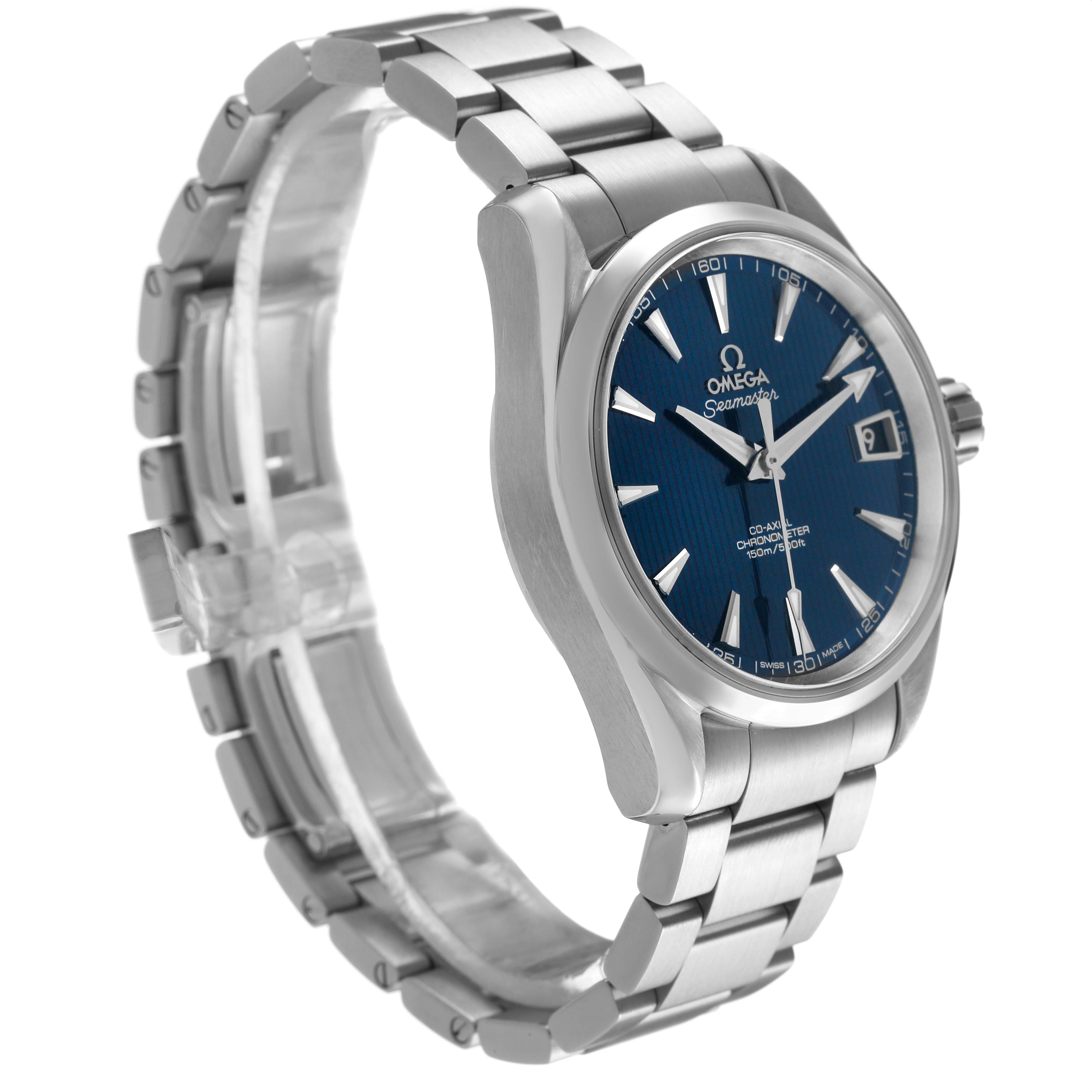 The Omega Aqua Terra 231.10.39.21.03.001 Men's Stainless Steel Blue Dial watch is shown at a slight side angle, highlighting the blue dial, case, crown, and metal bracelet.