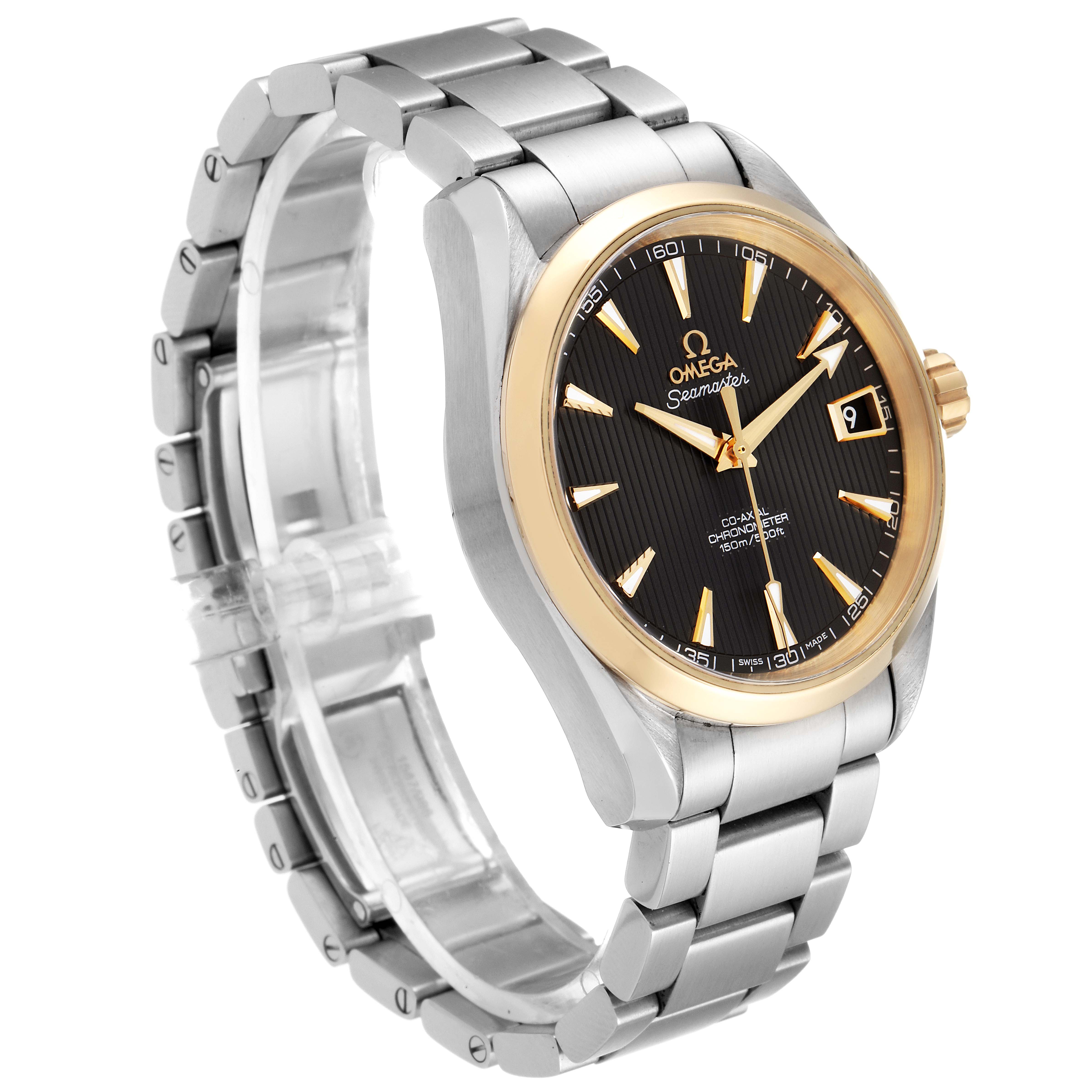 The Omega Aqua Terra 231.20.39.21.06.004 Men's Stainless Steel Grey Dial 231.20.39.21.06.004 Men's Stainless Steel Grey Dial watch is shown at a three-quarter angle, highlighting its face, bezel, and metal bracelet.