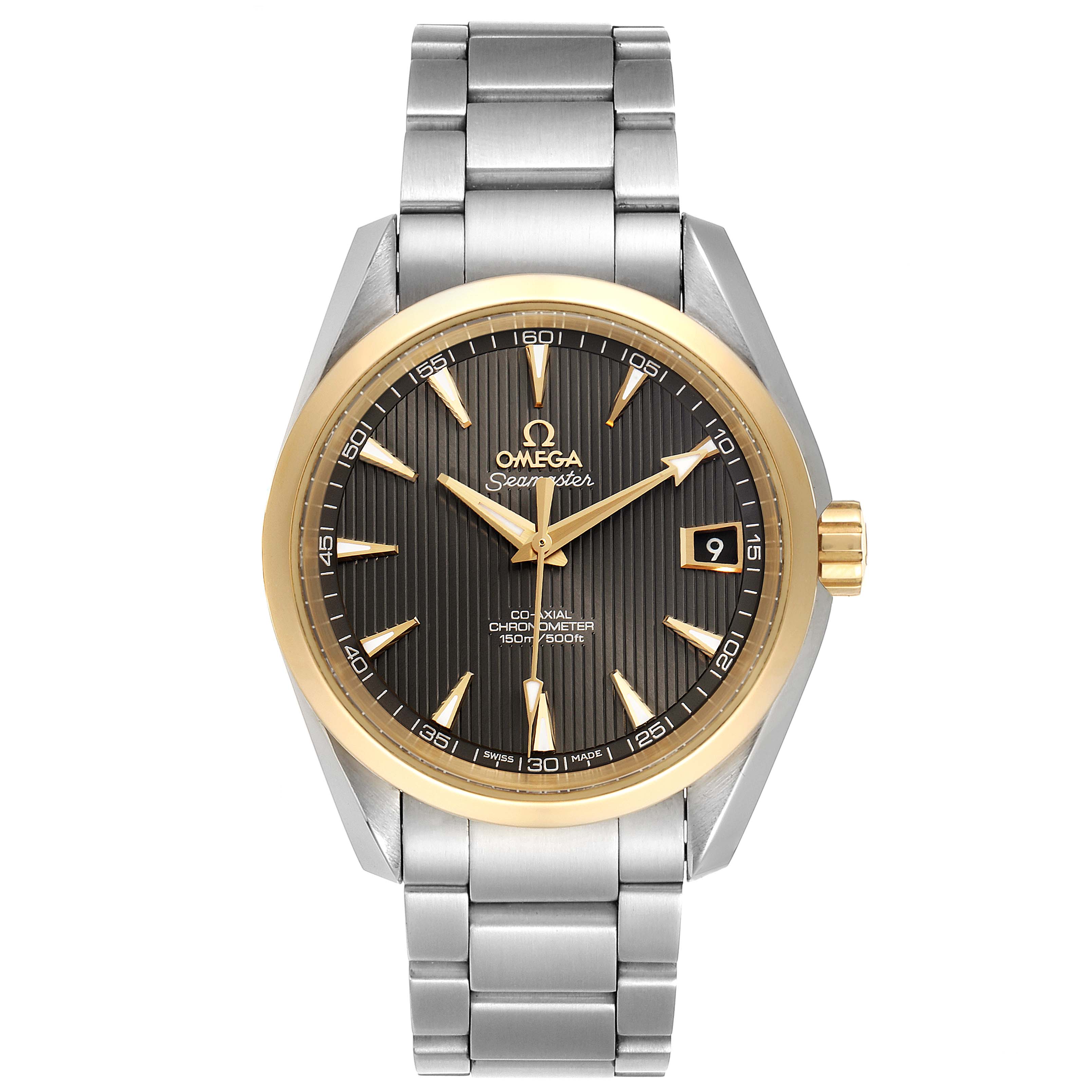 The image shows a front view of the Omega Aqua Terra 231.20.39.21.06.004 Men's Stainless Steel Grey Dial 231.20.39.21.06.004 Men's Stainless Steel Grey Dial watch, displaying the dial, bracelet, and part of the bezel and crown.