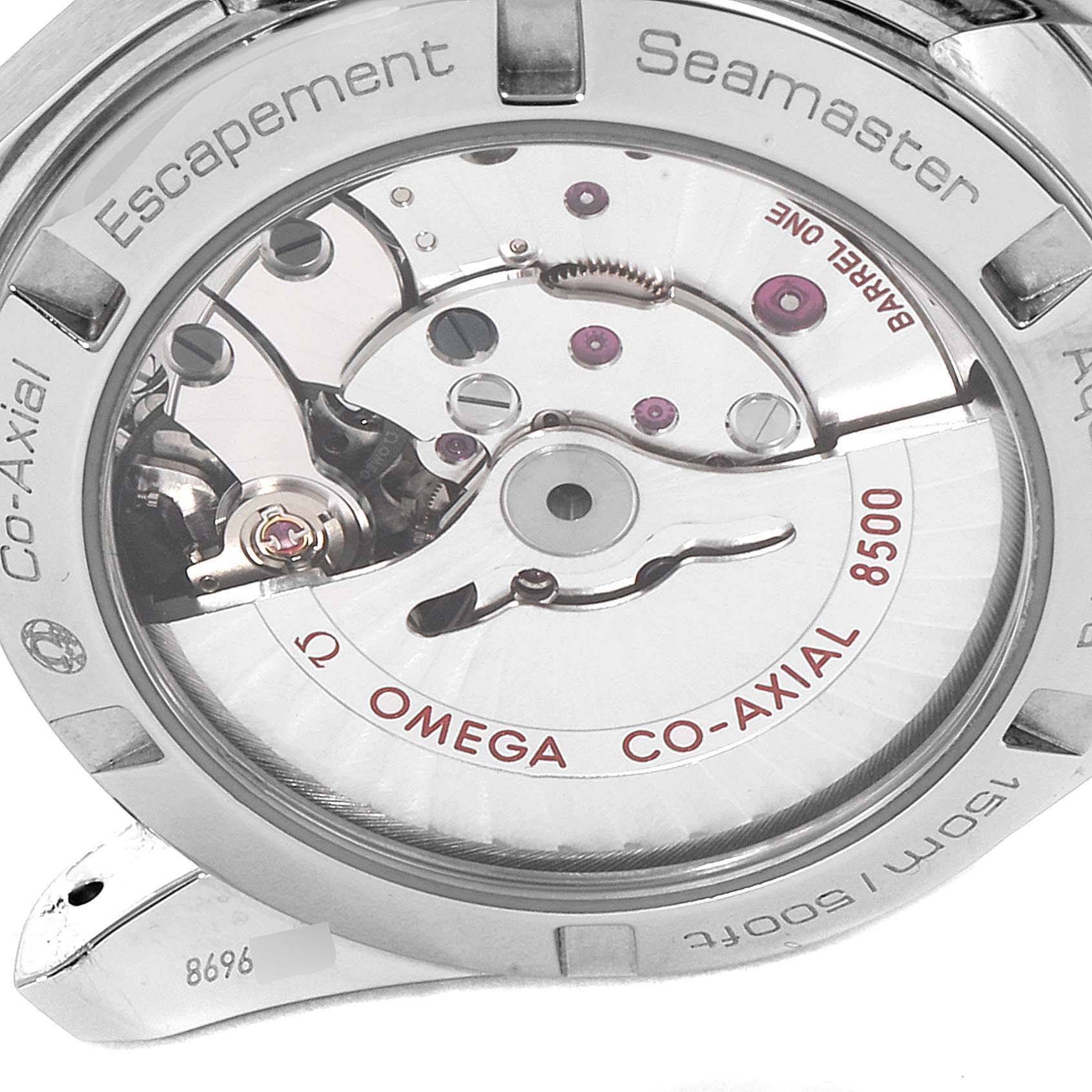 The image shows the back view of an Omega Aqua Terra 231.20.39.21.06.004 Men's Stainless Steel Grey Dial 231.20.39.21.06.004 Men's Stainless Steel Grey Dial watch, highlighting its Co-Axial 8500 movement.
