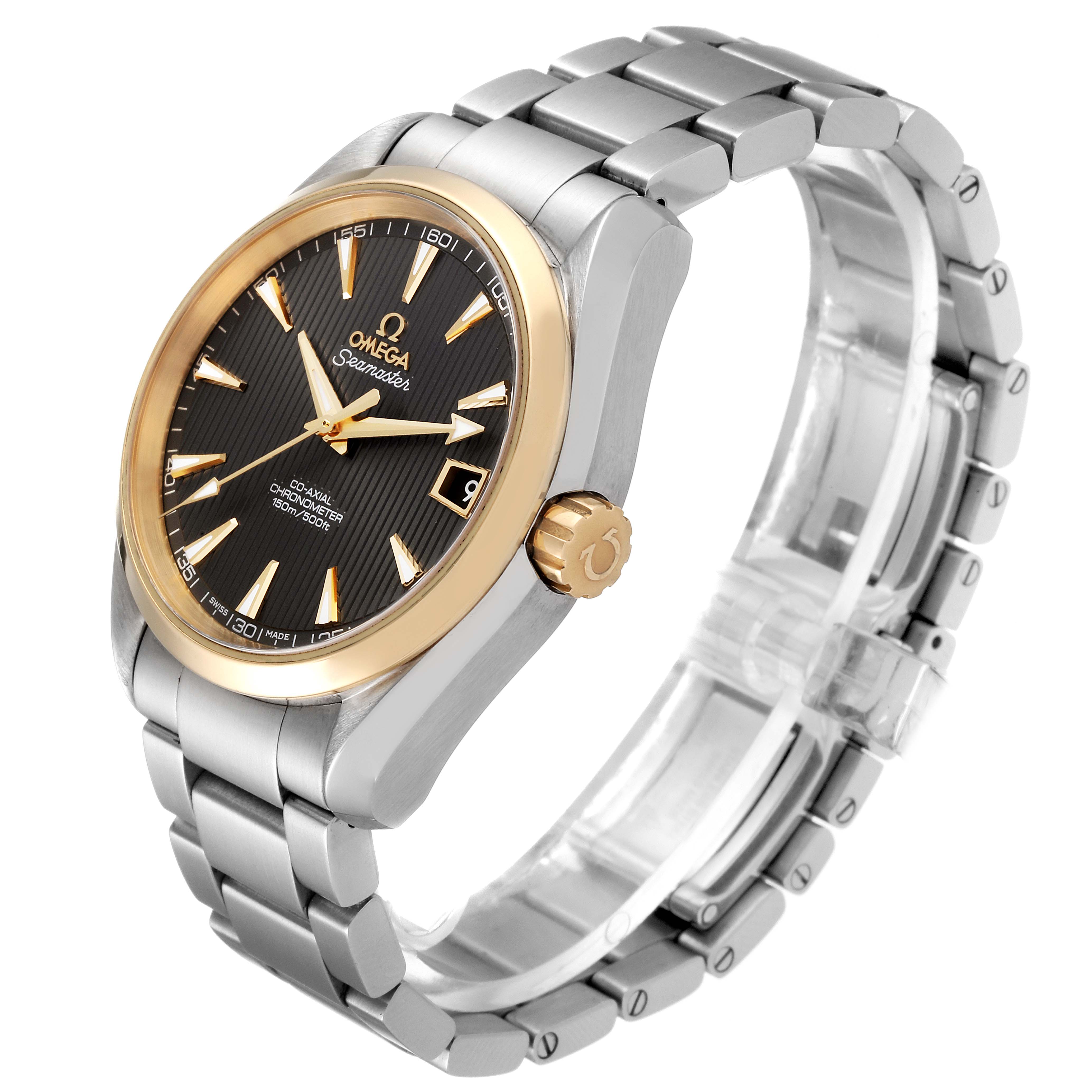 The Omega Aqua Terra 231.20.39.21.06.004 Men's Stainless Steel Grey Dial 231.20.39.21.06.004 Men's Stainless Steel Grey Dial watch is shown at a 3/4 angle, displaying the face, crown, and bracelet.