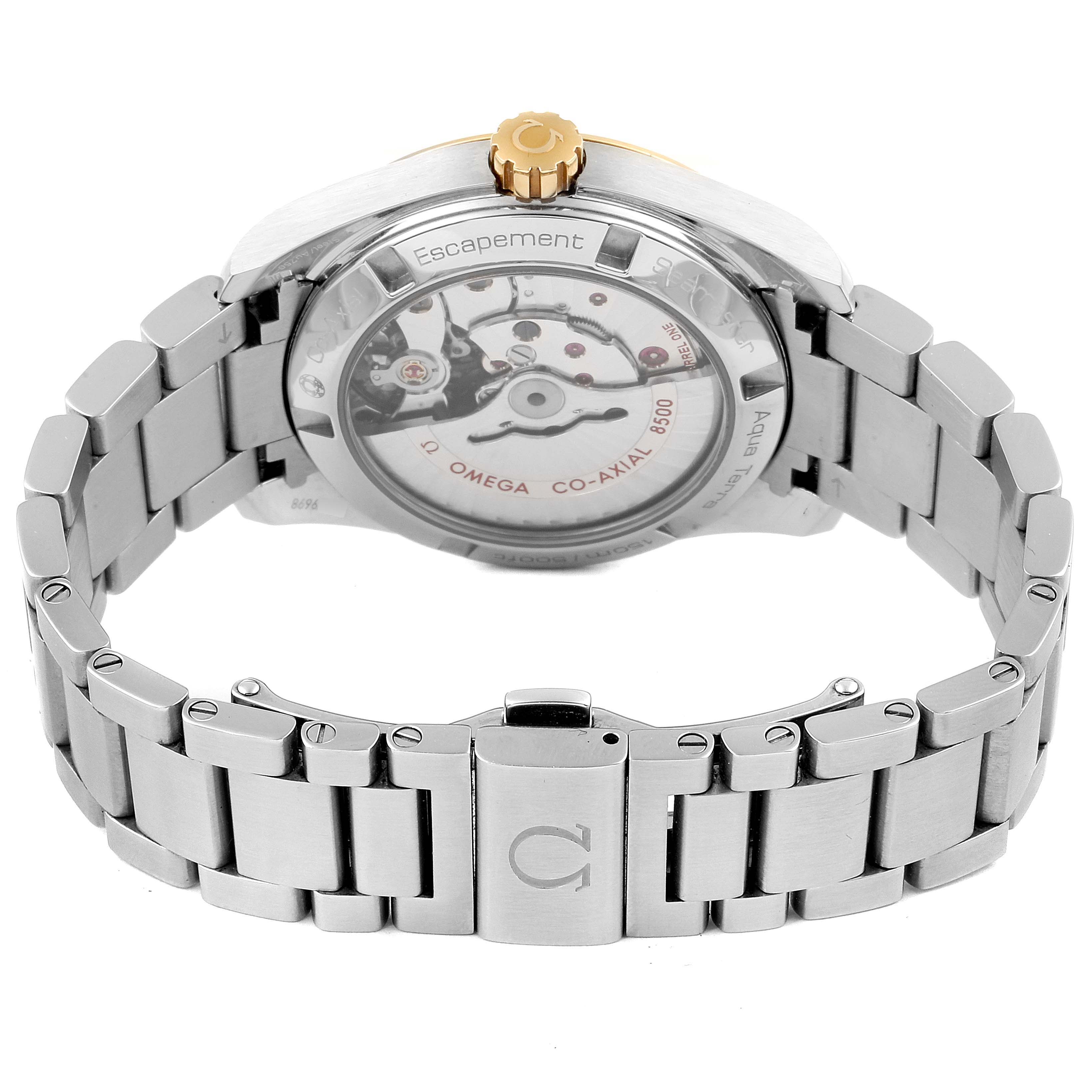 The image shows the back view of an Omega Aqua Terra 231.20.39.21.06.004 Men's Stainless Steel Grey Dial 231.20.39.21.06.004 Men's Stainless Steel Grey Dial watch, highlighting the bracelet, clasp, and movement through the transparent case back.