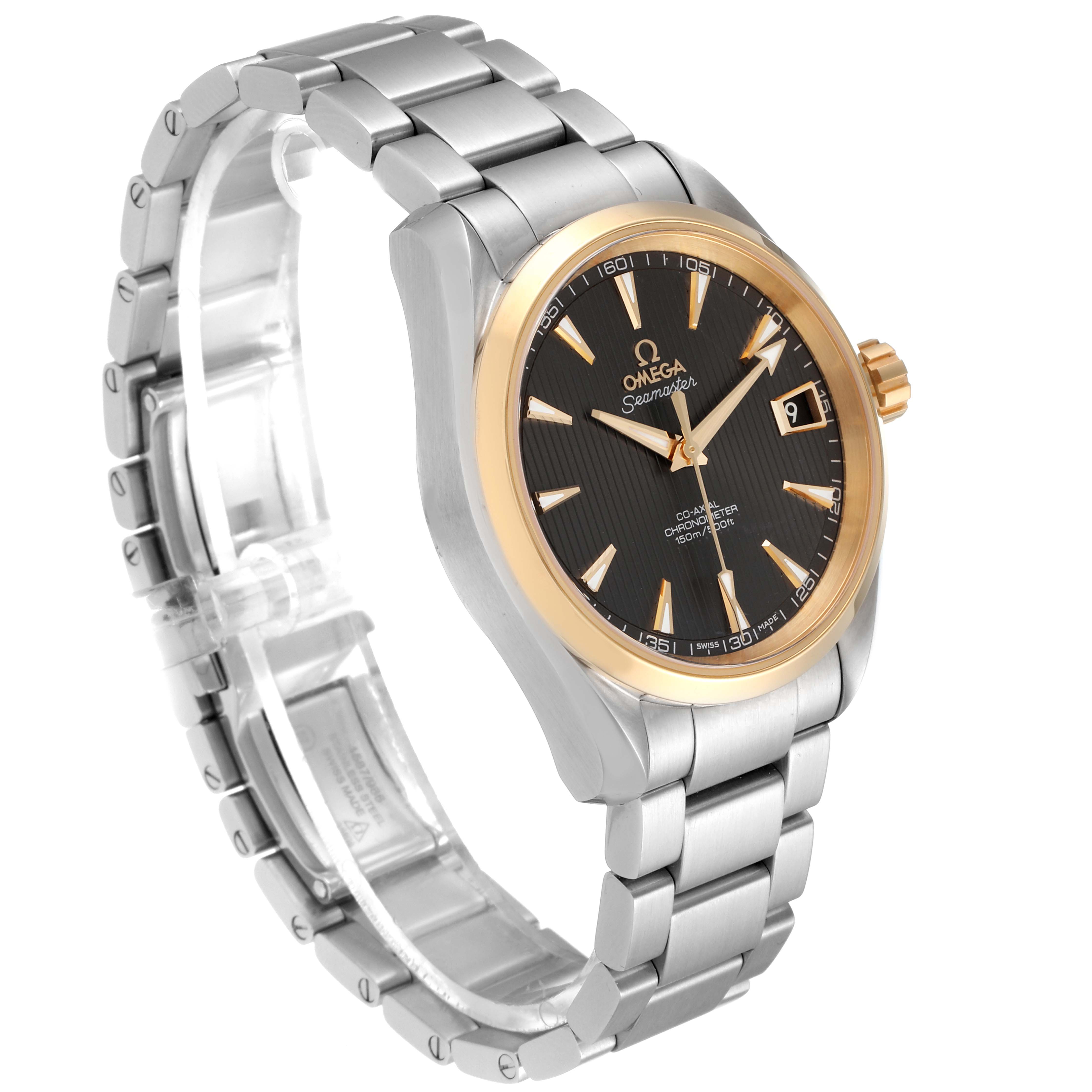 The image shows an Omega Aqua Terra 231.20.39.21.06.004 Men's Steel and Gold (two tone) Grey Dial 231.20.39.21.06.004 Men's Steel and Gold (two tone) Grey Dial watch at a three-quarter angle detailing its face, bezel, and bracelet.