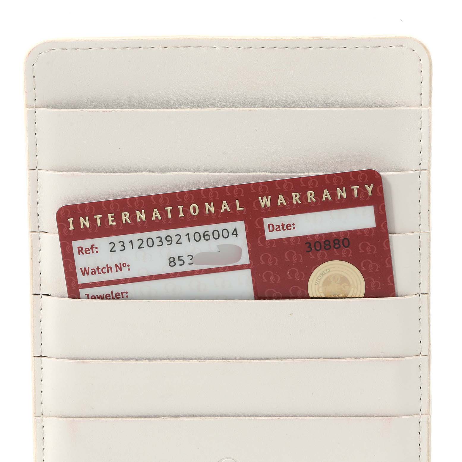 The image shows an international warranty card for an Omega Aqua Terra 231.20.39.21.06.004 Men's Steel and Gold (two tone) Grey Dial 231.20.39.21.06.004 Men's Steel and Gold (two tone) Grey Dial watch, partially inserted in a white cardholder.