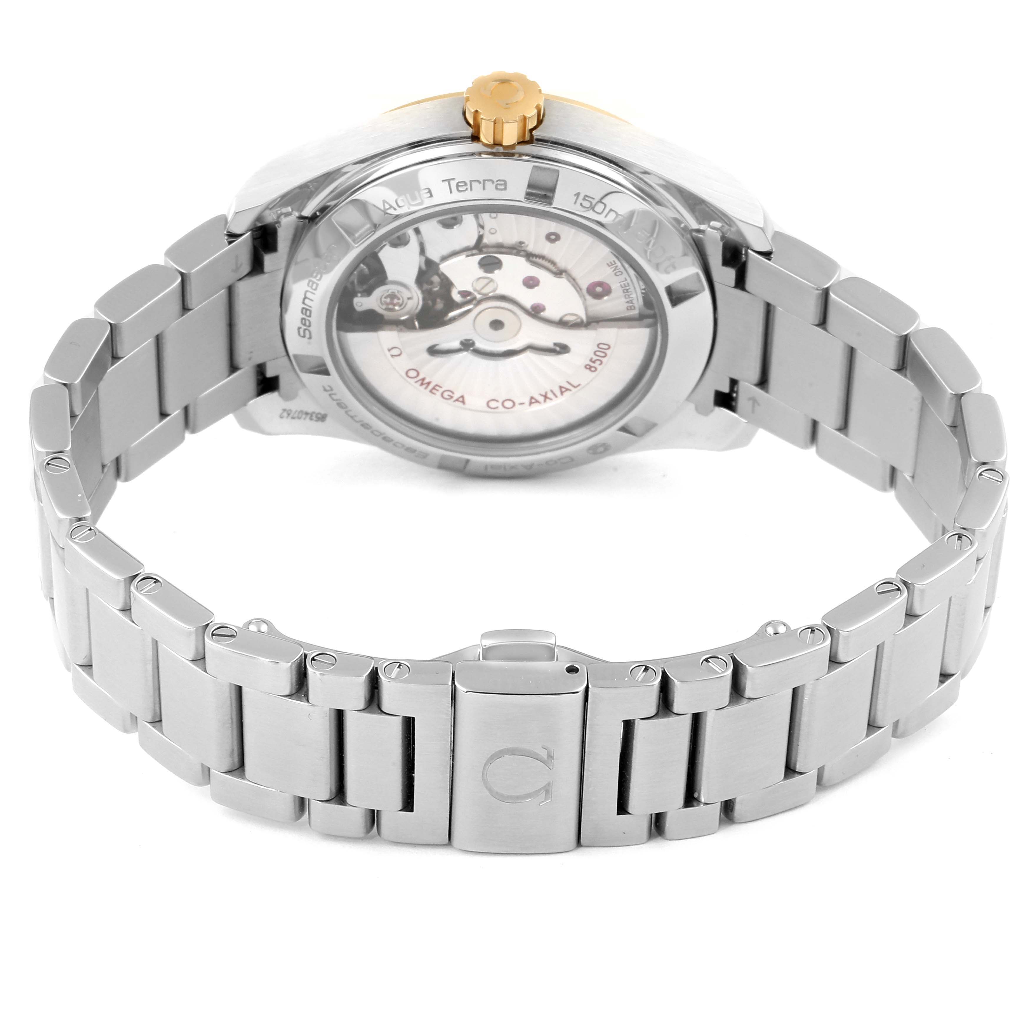 The Omega Aqua Terra 231.20.39.21.06.004 Men's Steel and Gold (two tone) Grey Dial 231.20.39.21.06.004 Men's Steel and Gold (two tone) Grey Dial watch is shown from the rear angle, displaying the back casing and the stainless steel bracelet.