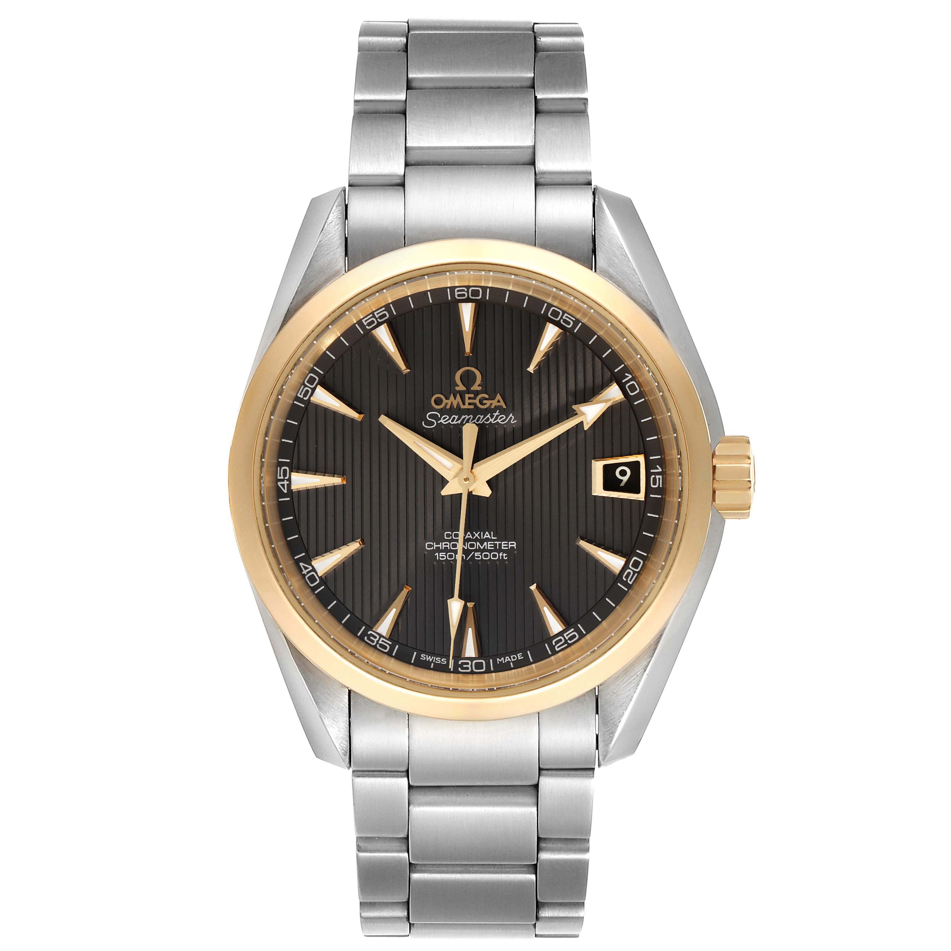 The Omega Aqua Terra 231.20.39.21.06.004 Men's Steel and Gold (two tone) Grey Dial 231.20.39.21.06.004 Men's Steel and Gold (two tone) Grey Dial watch is shown from a top-down angle, featuring its dial, bezel, crown, and bracelet.