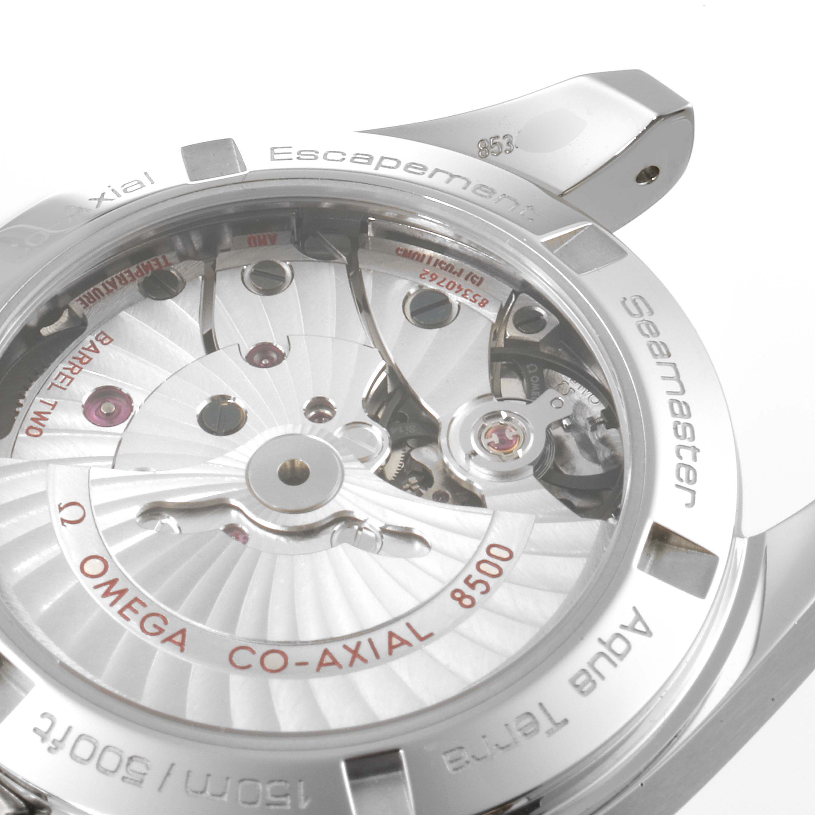 The image shows a close-up of the Omega Aqua Terra 231.20.39.21.06.004 Men's Steel and Gold (two tone) Grey Dial 231.20.39.21.06.004 Men's Steel and Gold (two tone) Grey Dial's transparent case back, highlighting the Co-Axial 8500 movement.