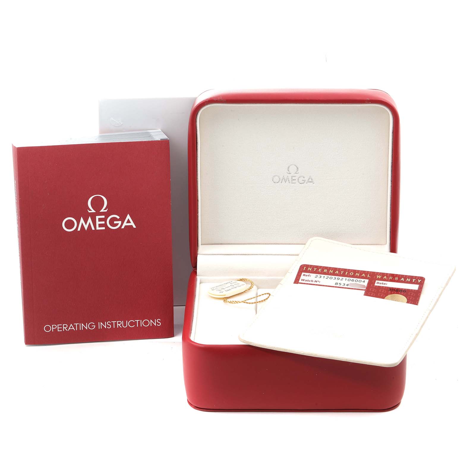 The image shows the box, operating instructions, and warranty card for an Omega Aqua Terra 231.20.39.21.06.004 Men's Steel and Gold (two tone) Grey Dial 231.20.39.21.06.004 Men's Steel and Gold (two tone) Grey Dial watch.