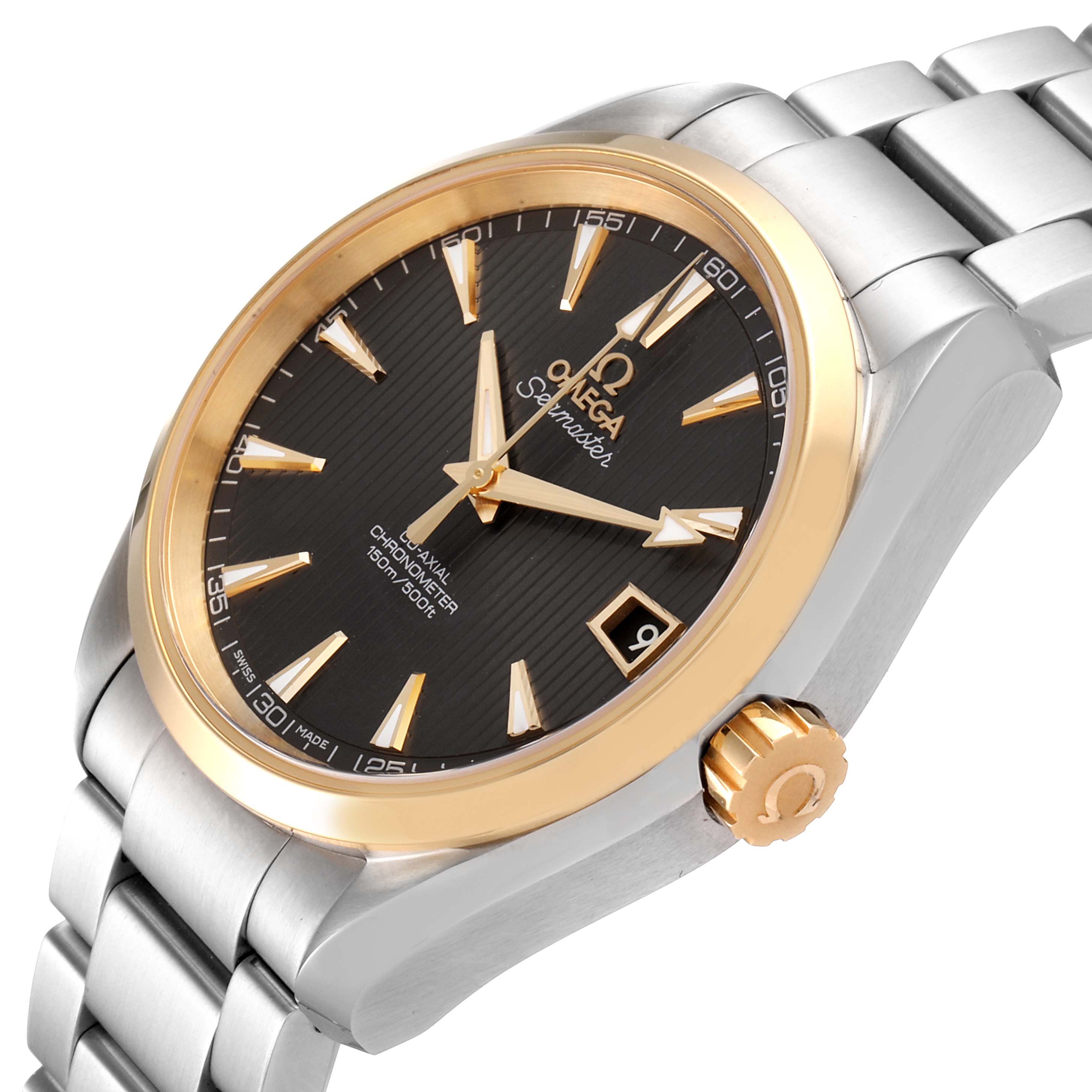 The Omega Aqua Terra 231.20.39.21.06.004 Men's Steel and Gold (two tone) Grey Dial 231.20.39.21.06.004 Men's Steel and Gold (two tone) Grey Dial watch is shown at a slight angle displaying its face, bezel, crown, and part of its bracelet.