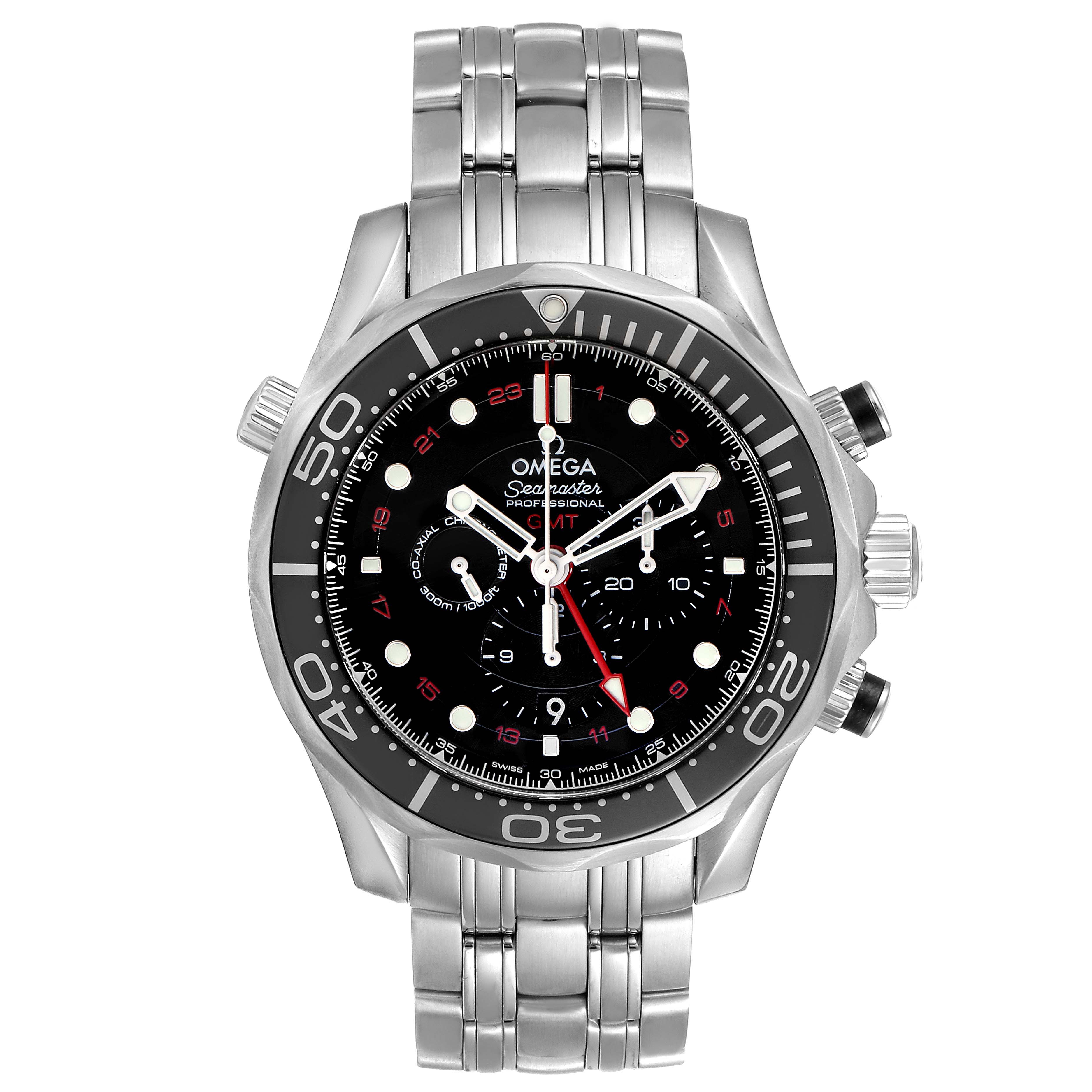 The image shows a front view of the Omega Seamaster 212.30.44.52.01.001 Men
s Stainless Steel Black Dial 212.30.44.52.01.001 Men
s Stainless Steel Black Dial watch, displaying its dial, bezel, and bracelet.