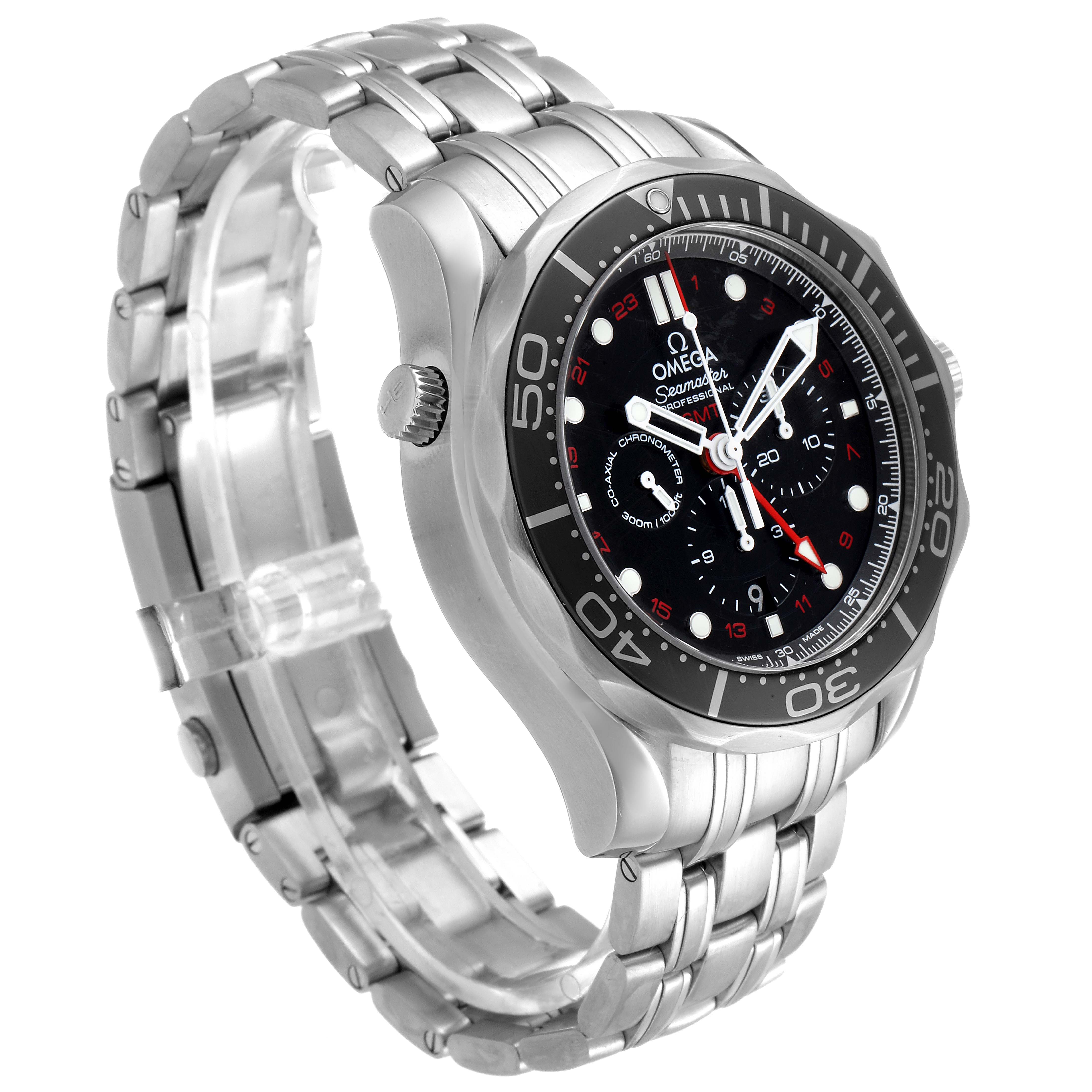 The image shows an angled view of an Omega Seamaster 212.30.44.52.01.001 Men
s Stainless Steel Black Dial 212.30.44.52.01.001 Men
s Stainless Steel Black Dial watch displaying its face, bezel, crown, and stainless steel bracelet.