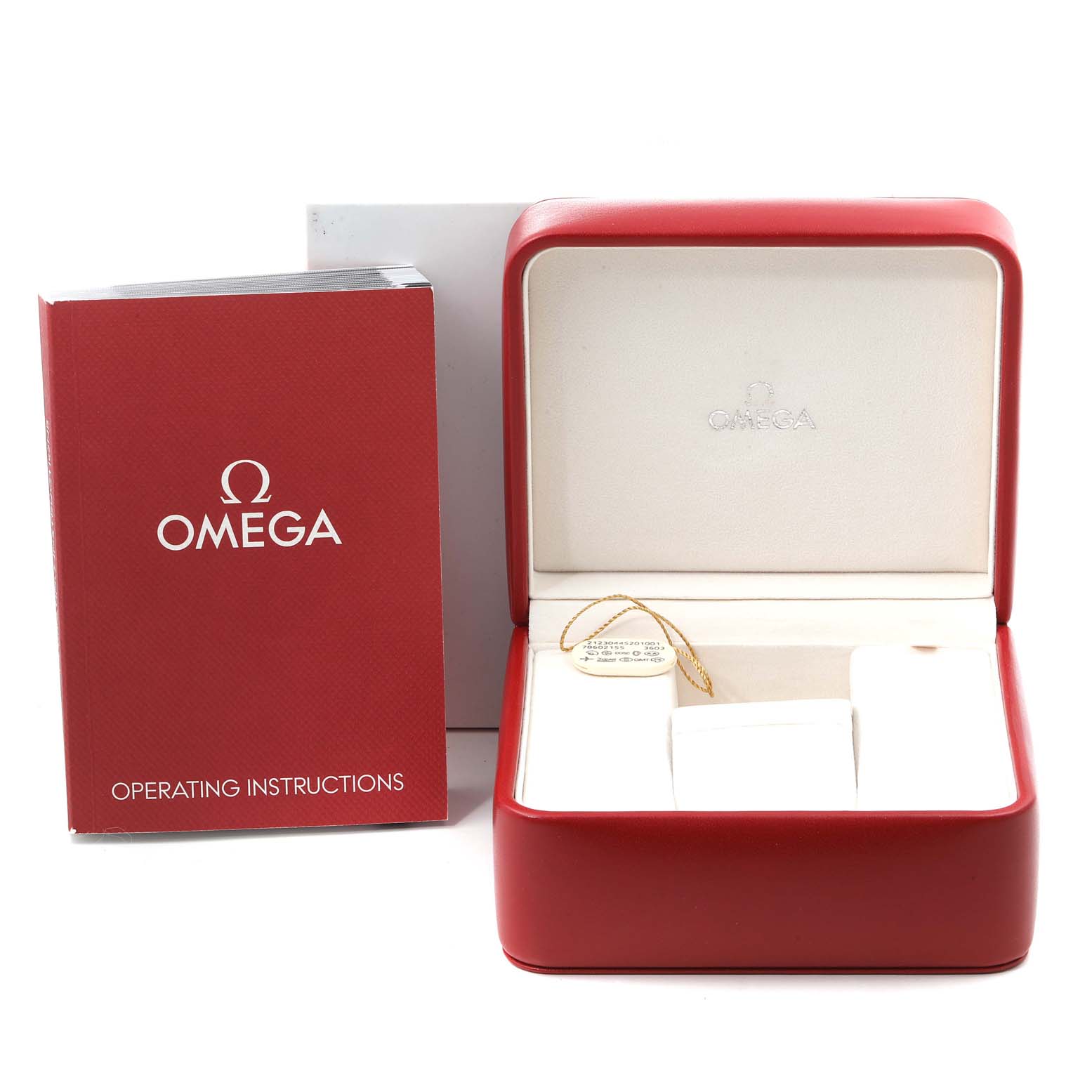 The image shows the open box and operating instructions for an Omega Seamaster 212.30.44.52.01.001 Men
s Stainless Steel Black Dial 212.30.44.52.01.001 Men
s Stainless Steel Black Dial watch.